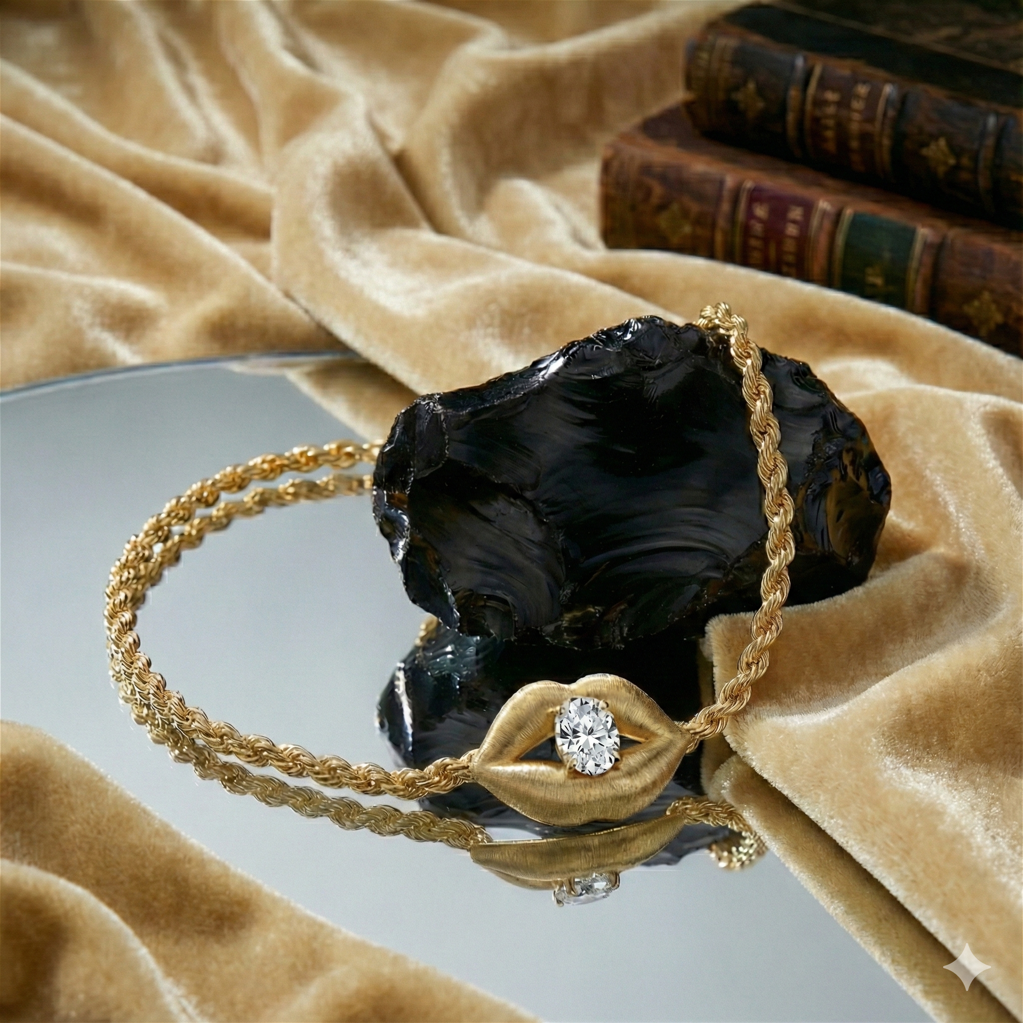 Gold necklace with a leaf-shaped pendant and a diamond, resting on a black mineral or gemstone, with a mirror and gold velvet fabric background and some antique books in the distance.