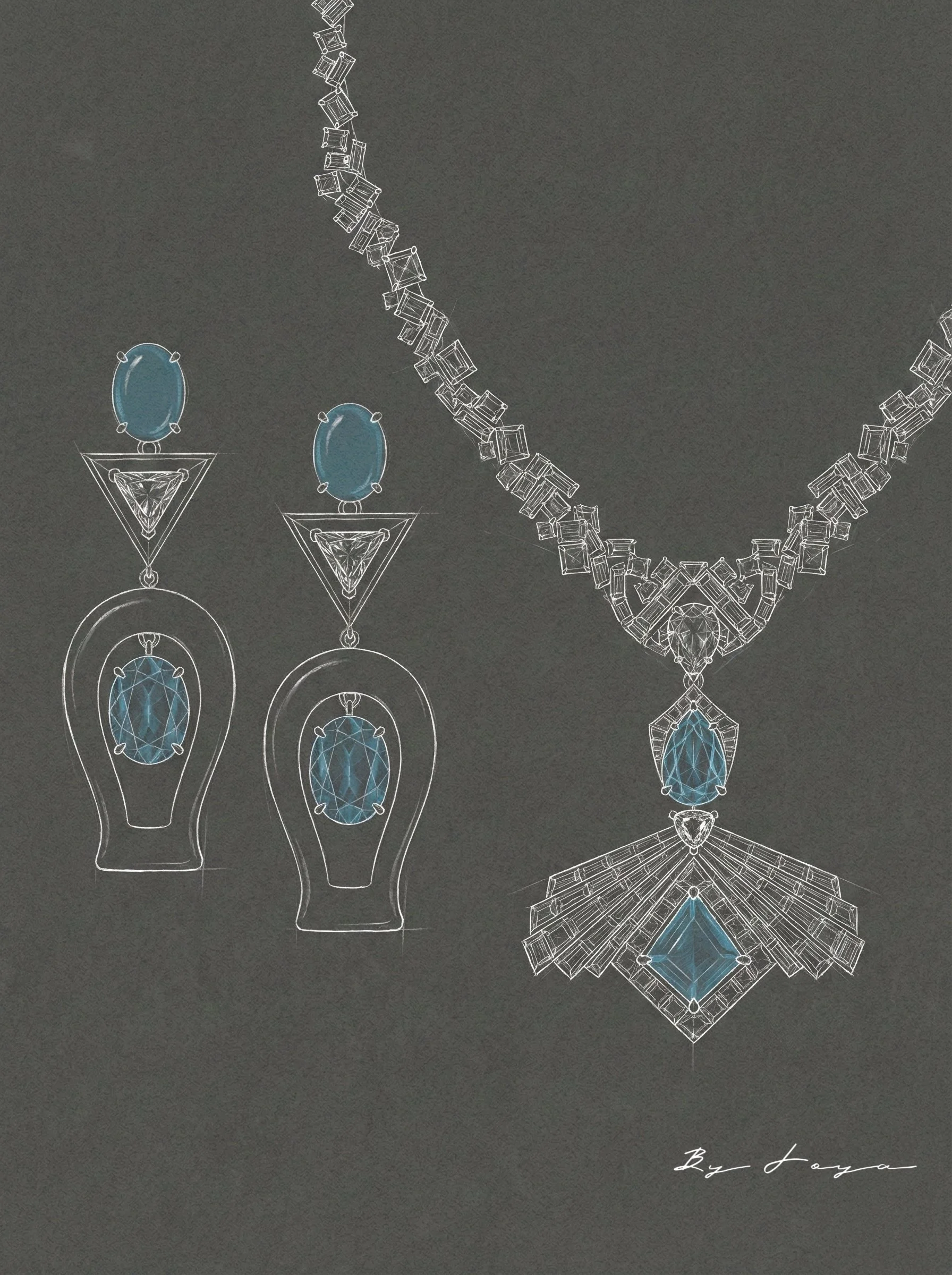 Elegant jewelry set including a necklace and matching earrings, all featuring blue gemstones and intricate metalwork, against a dark background.