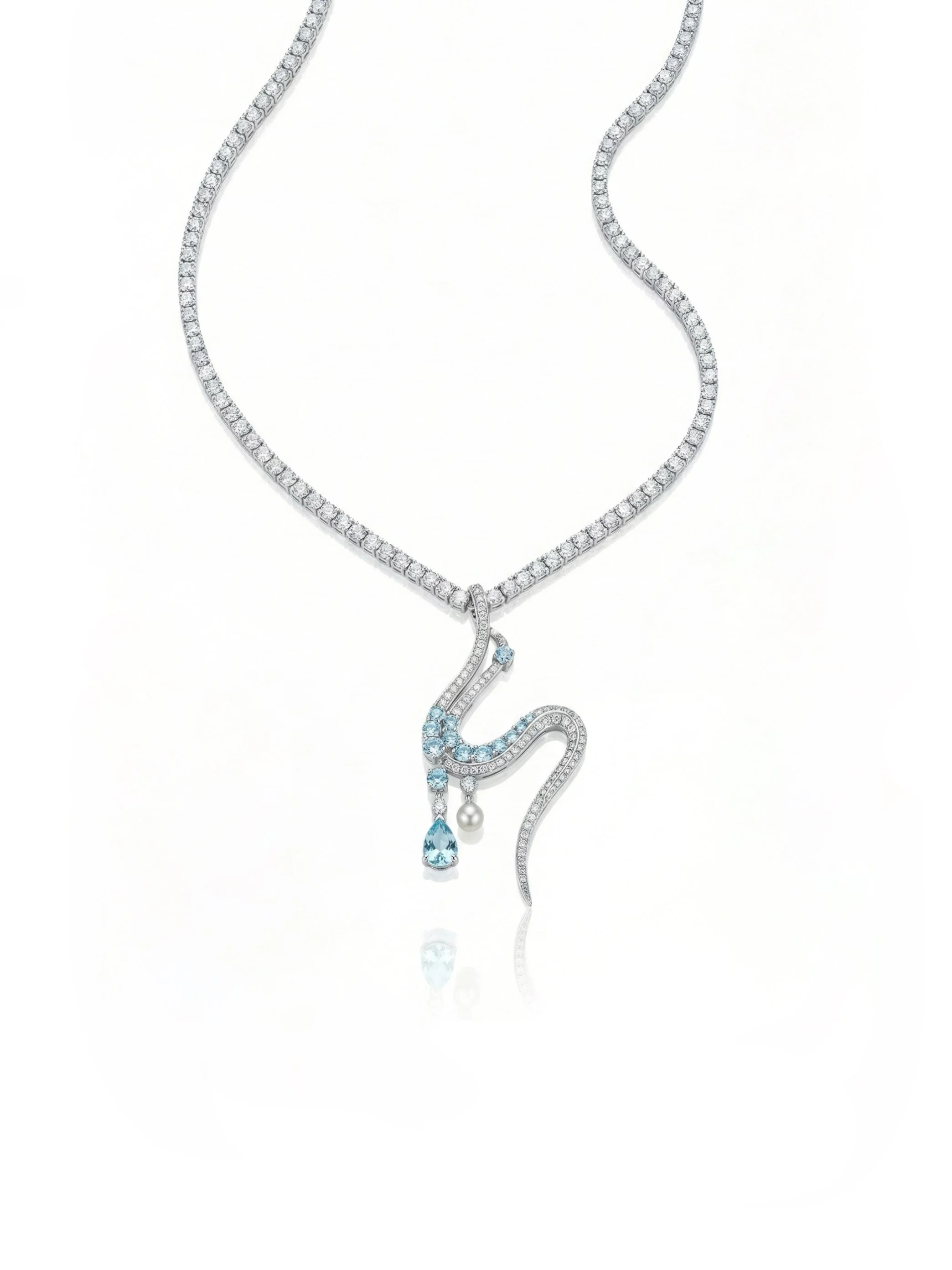 Silver necklace with intricate snake design, encrusted with diamonds and featuring blue gemstones and a pearl pendant at the center.