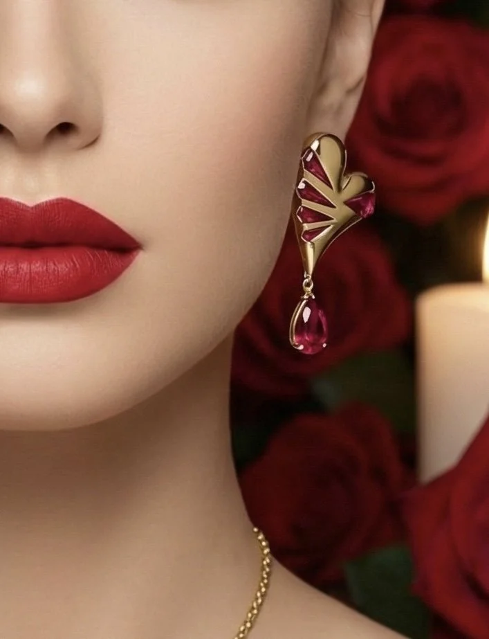 A close-up of a woman's face, showing red lipstick, a gold and red earring, and part of a gold necklace, with red roses and a candle in the background.