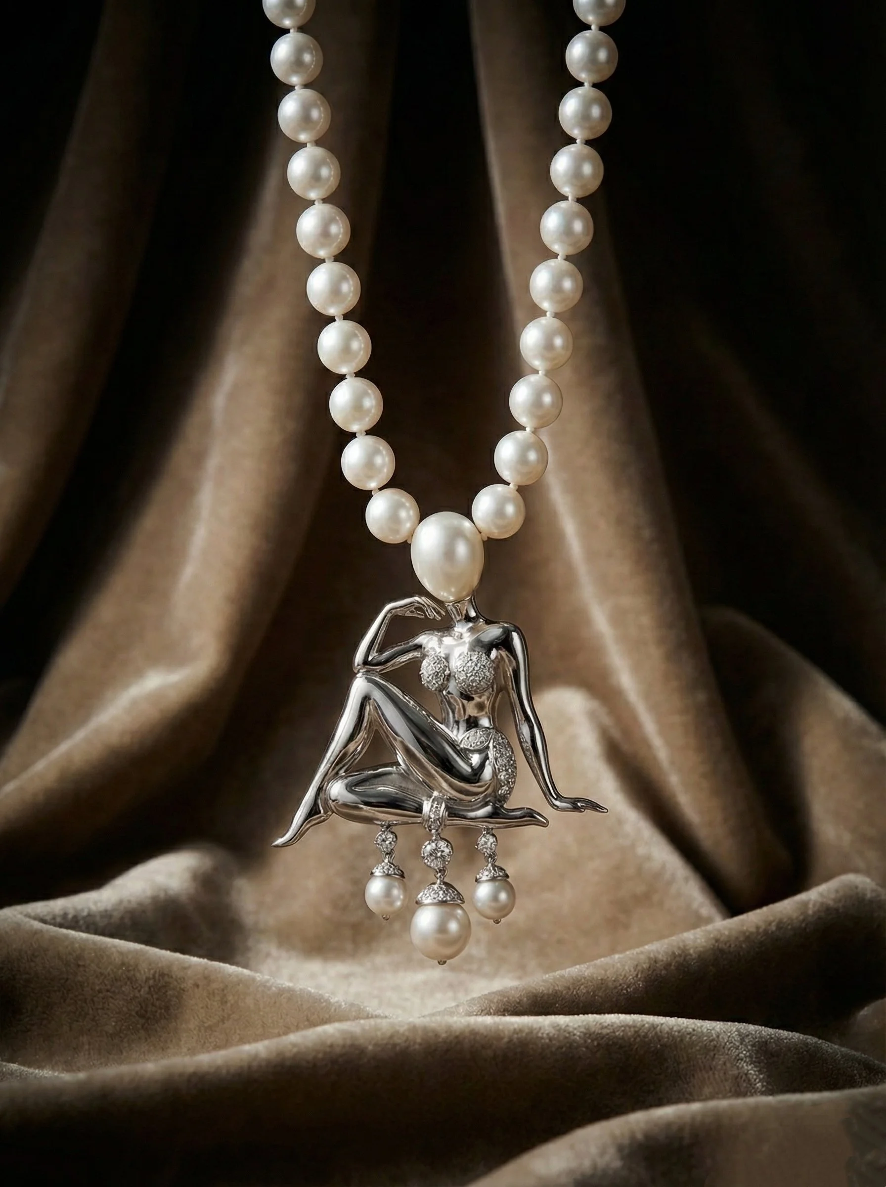 A pearl necklace with a large pendant of a sitting woman statue. The statue is metallic with diamond accents and pearl dangles at the bottom. The necklace is displayed against a brown velvet cloth background.