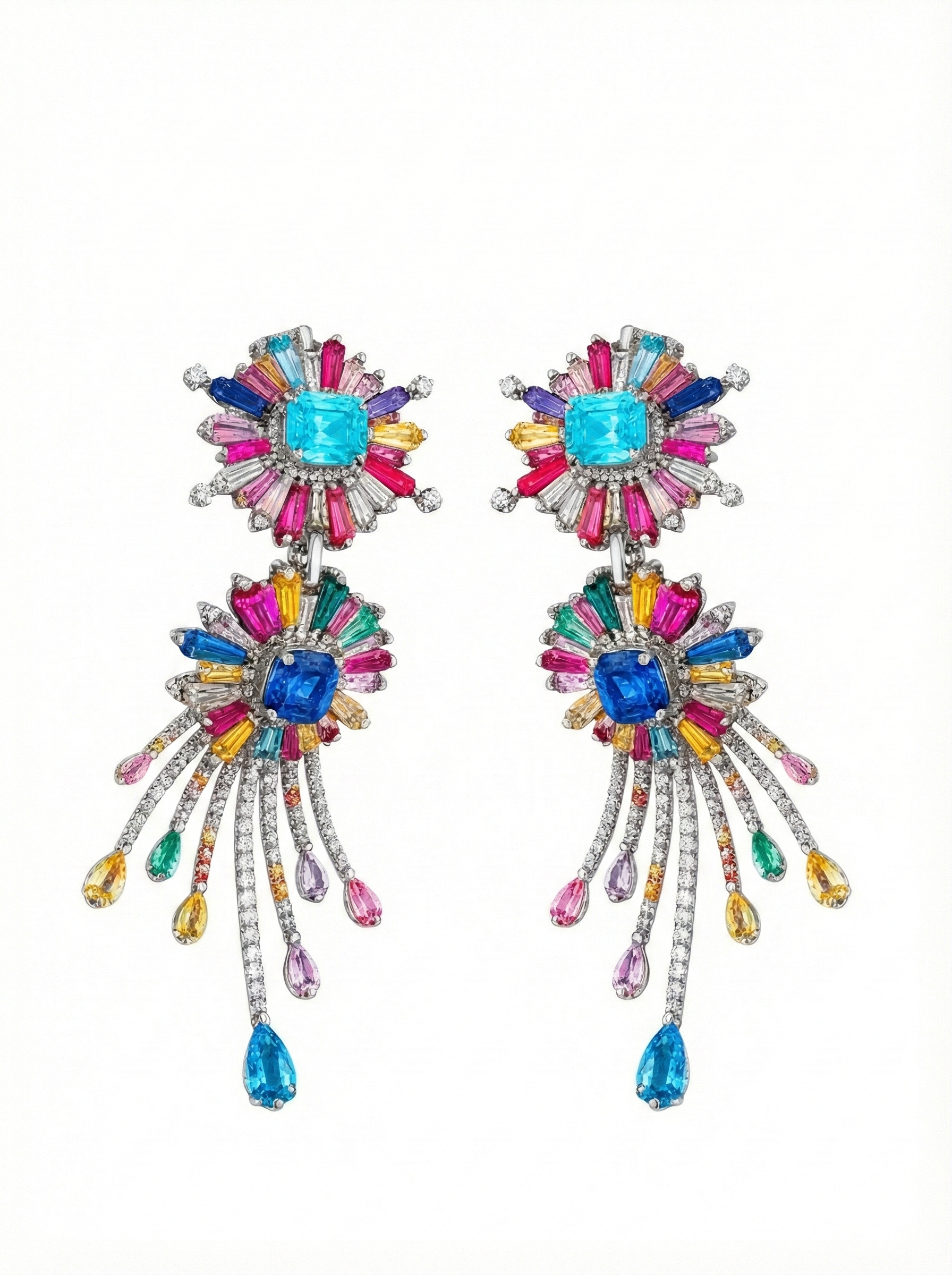 Colorful gemstone and diamond earrings with various shapes and sizes, featuring blue, pink, yellow, green, purple stones, and intricate metalwork.