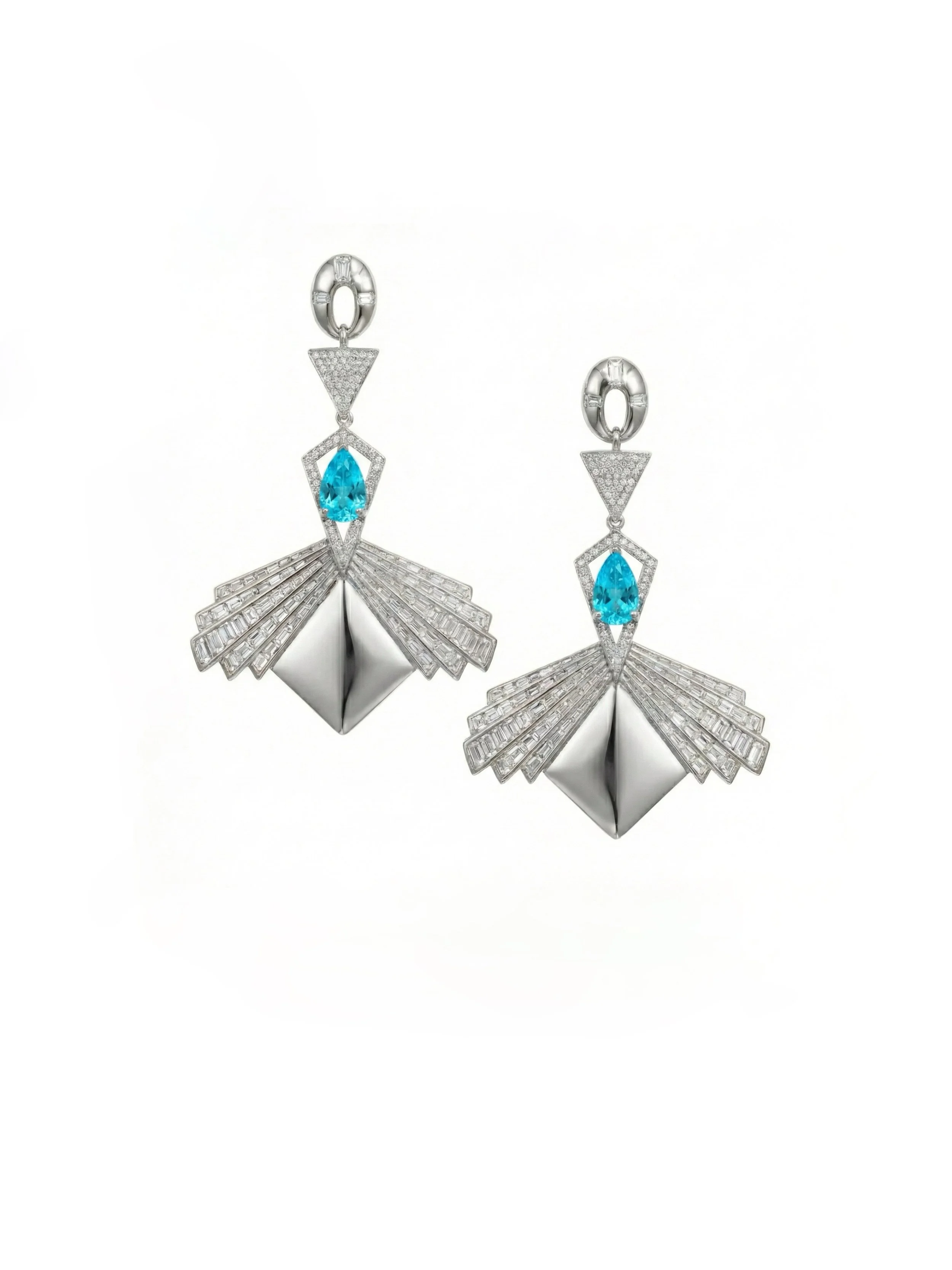 Pair of ornate silver earrings with blue gemstones, geometric shapes, and multiple small clear stones.