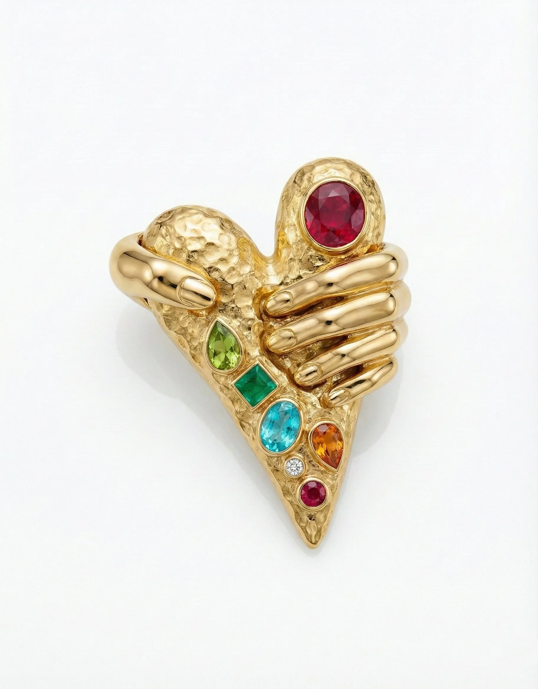 HOLD YOUR HEART brooch & necklace
18K gold, ruby, peridot, emerald, paraiba, sapphire
