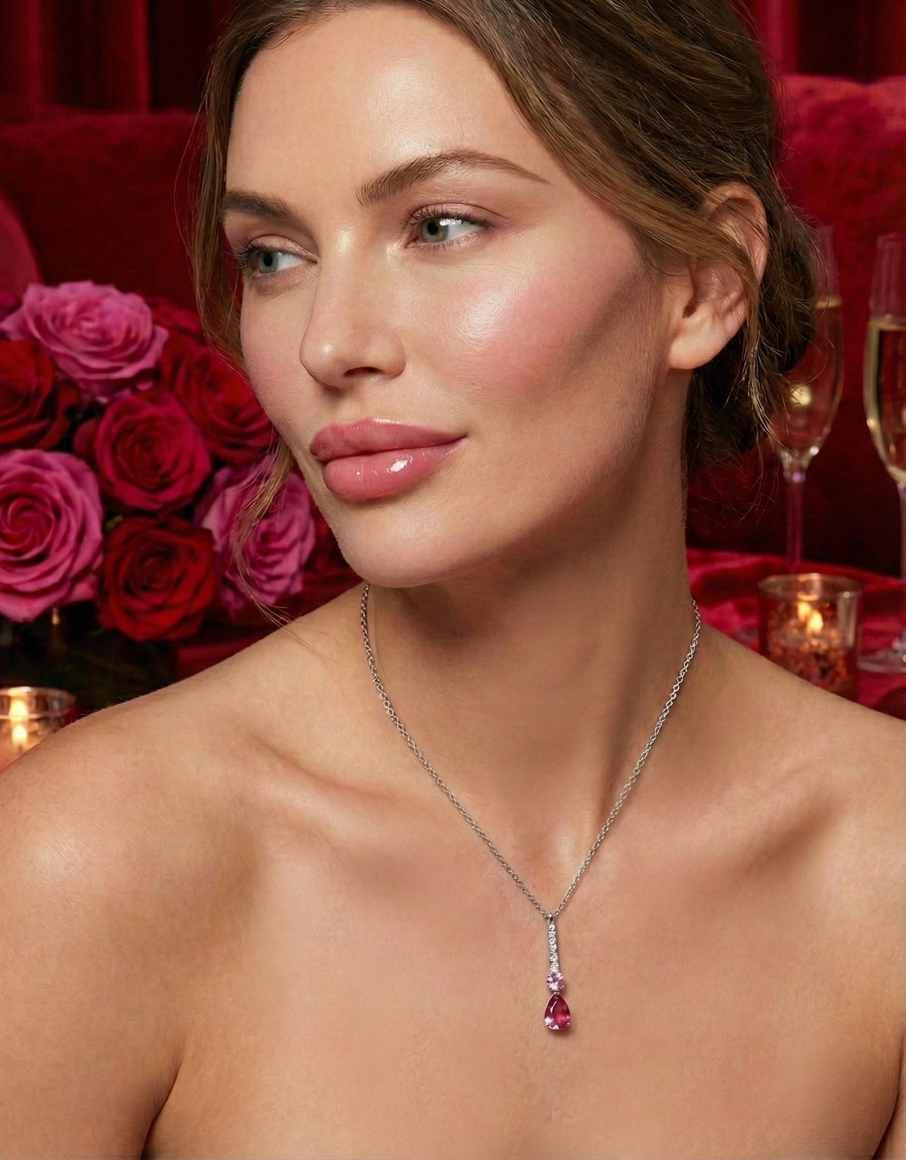 A woman with fair skin, light brown hair styled in loose waves, and blue eyes, wearing a diamond necklace with a pink gemstone pendant, in front of a backdrop of pink and red roses and a red velvet background, with candles and glasses of champagne.