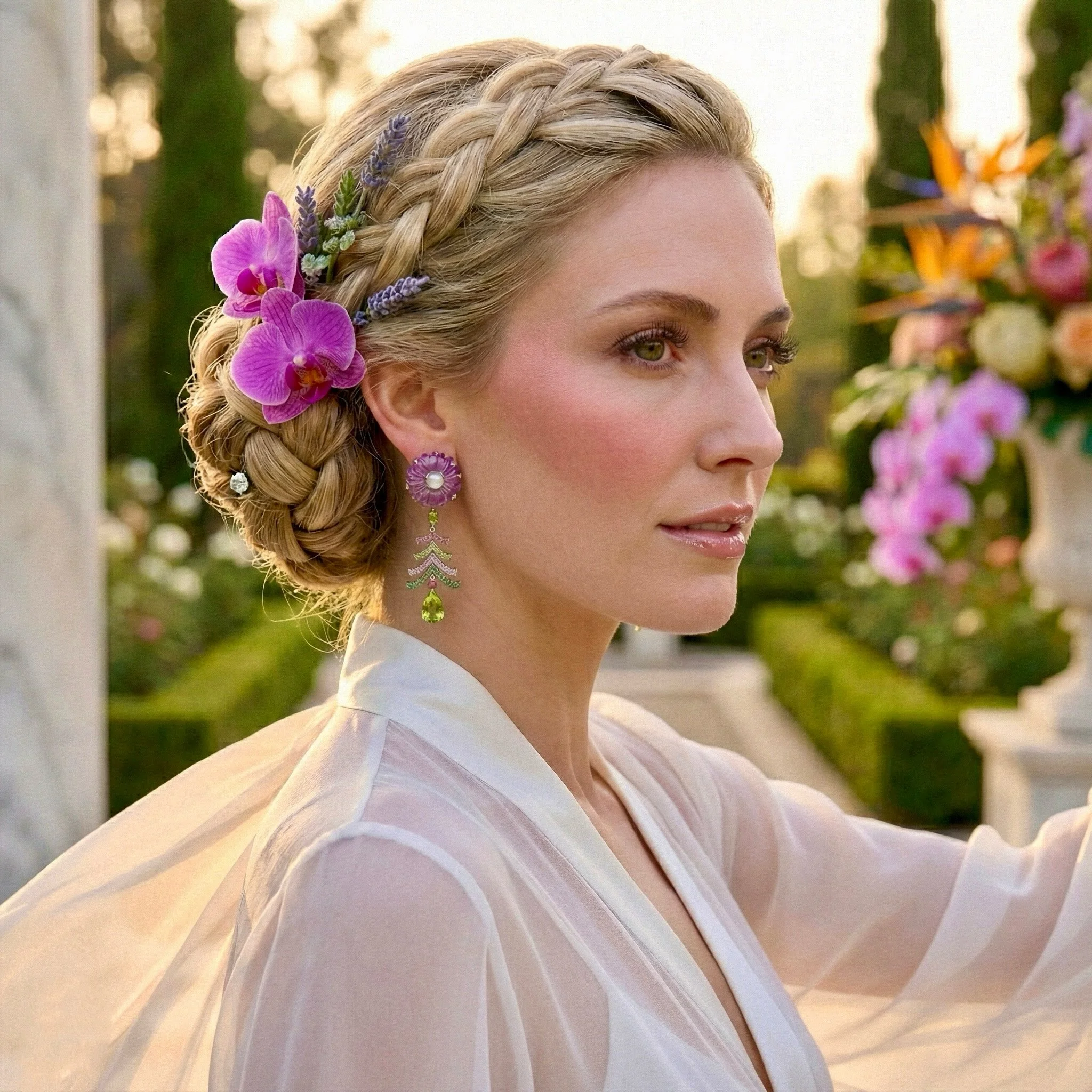 A woman with blonde hair styled in an intricate braid, decorated with purple orchids and lavender, wearing purple floral earrings with a teardrop-shaped green gem, dressed in a sheer white blouse, standing outdoors with a garden and floral arrangemen