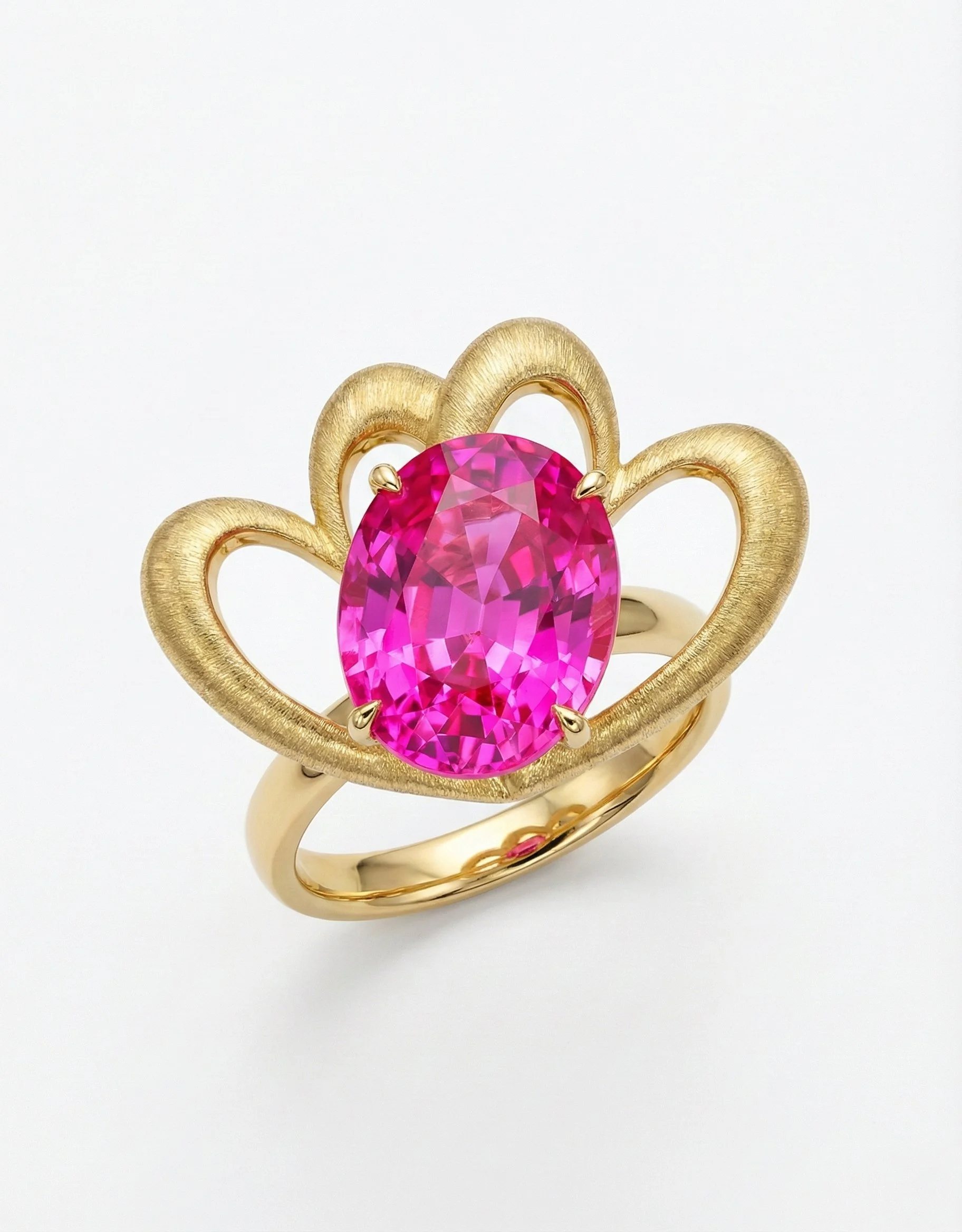 Gold ring with a large oval pink gemstone and a decorative gold heart-shaped frame around it.