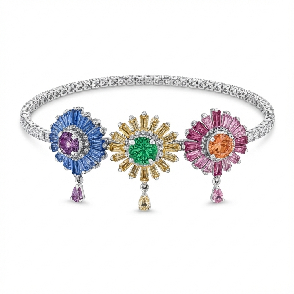 Colorful flower-shaped bracelet with three large gemstones in blue, green, and pink, each with smaller diamonds and a dangling gemstone.