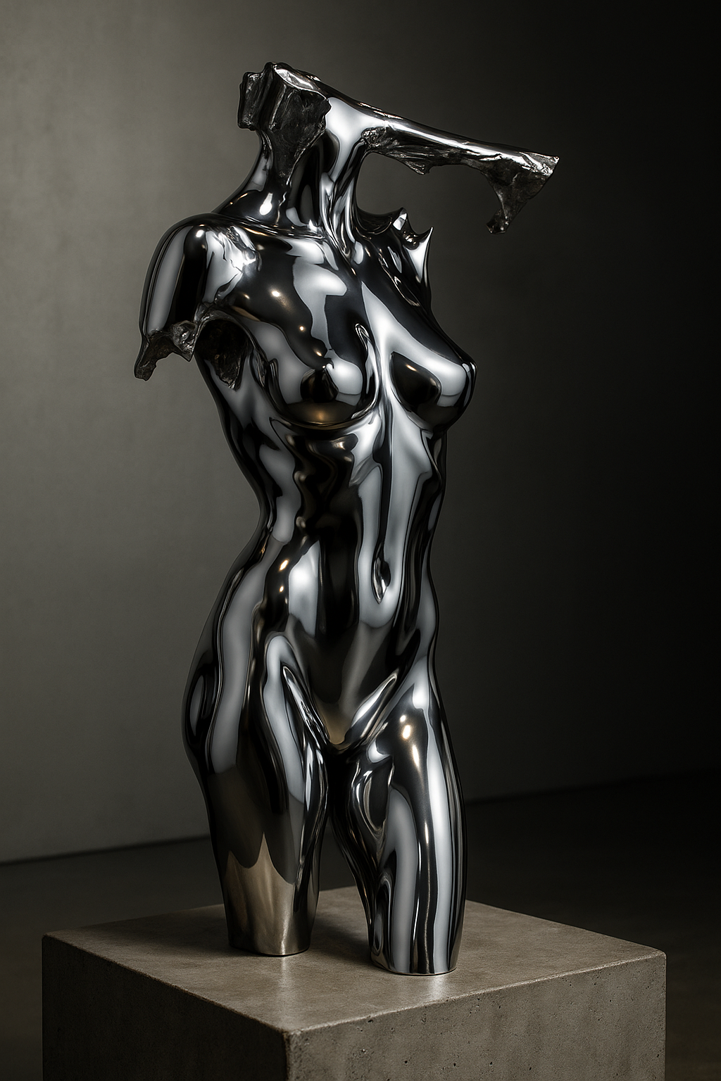 Sculpture of a female torso with a high-gloss, abstract black and silver finish, mounted on a concrete pedestal.