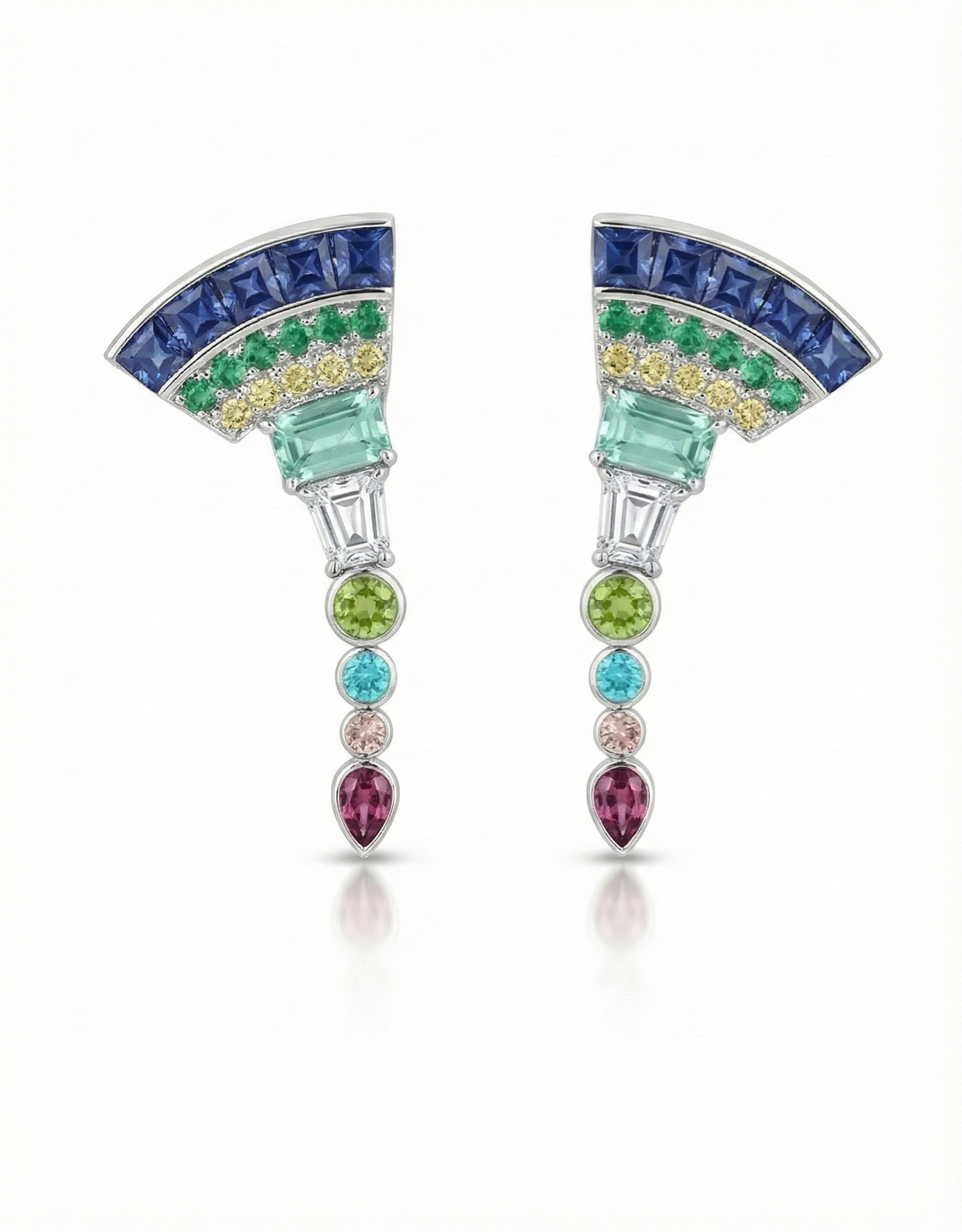 Colorful gemstone earrings with semi-circular top design and a dangling chain of various colored gemstones.