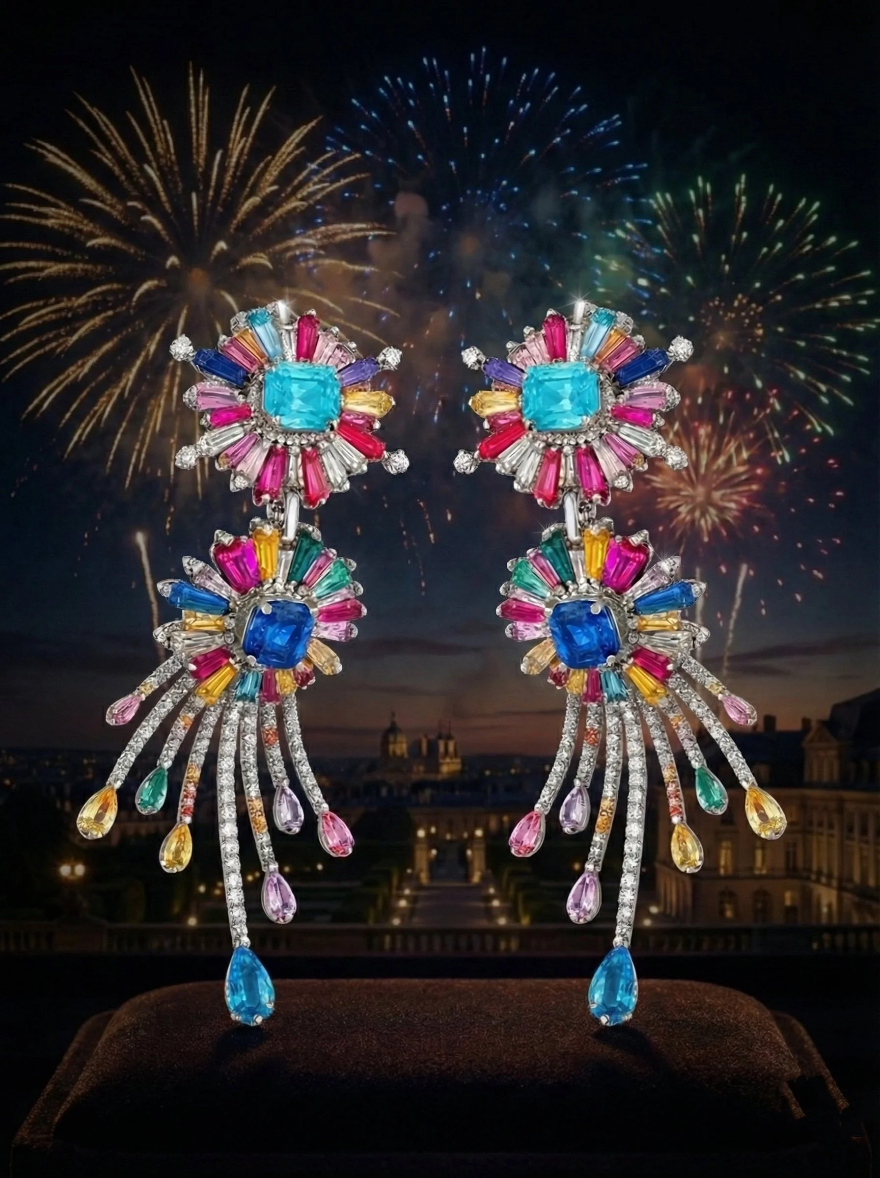 Colorful gemstone earrings with fireworks in the night sky background.
