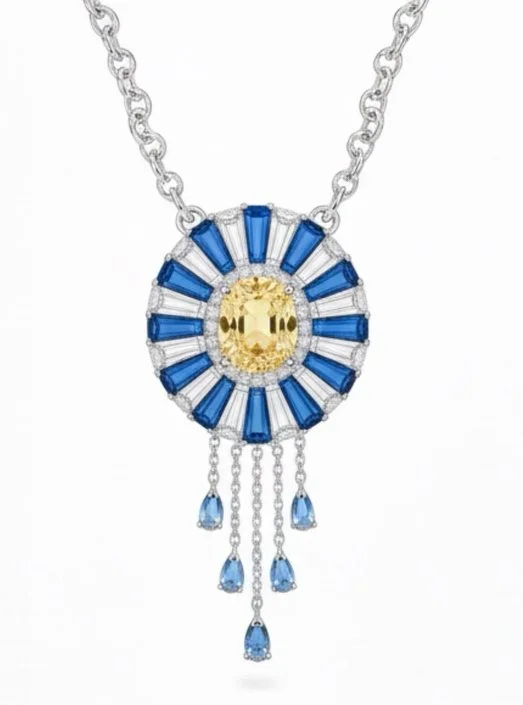 Elegant necklace featuring a circular pendant with yellow and blue gemstones, hanging chains with blue teardrop-shaped gemstones.