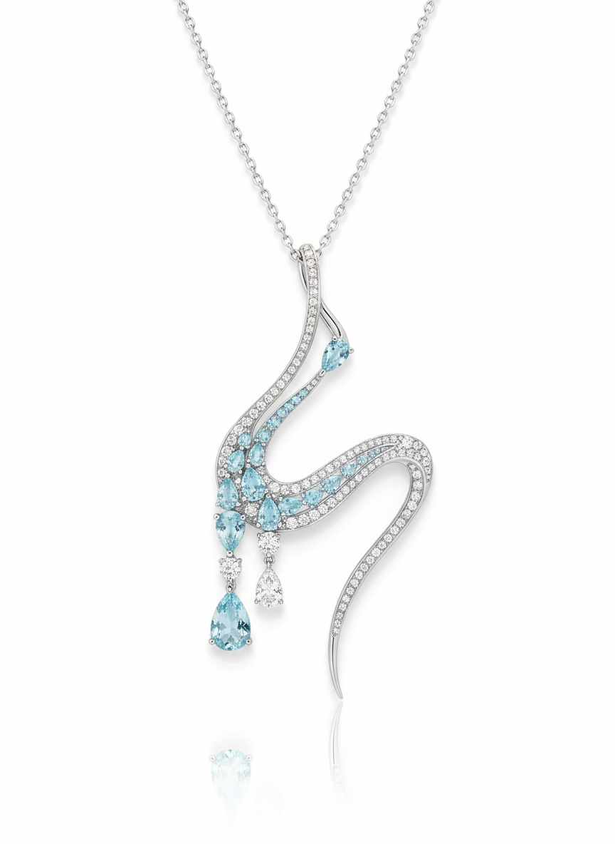 Silver necklace with a snake-shaped pendant adorned with blue and white gemstones.