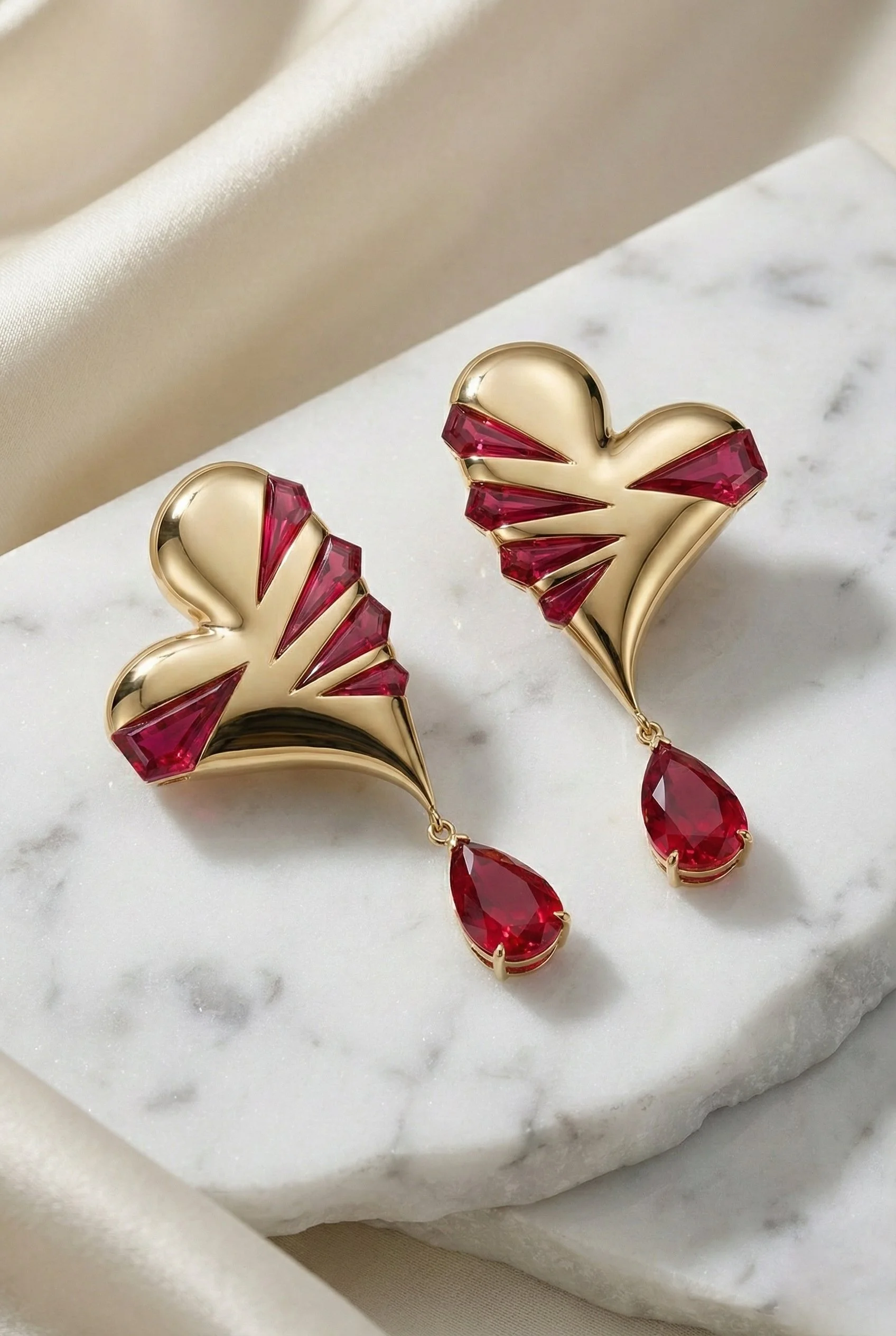 Gold statement earrings with red gemstones and teardrop-shaped red gemstone dangles, displayed on a white marble surface with beige fabric in the background.