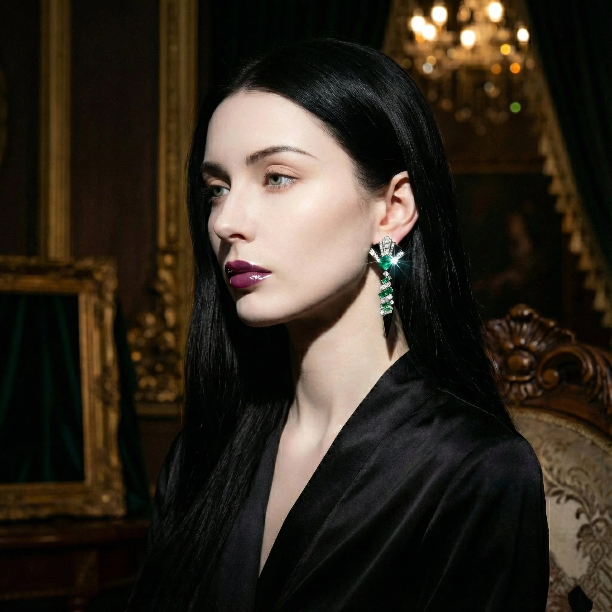 A woman with long black hair, wearing large sparkling earrings and dark lipstick, posed in an elegant setting with dark wood paneling and a chandelier in the background.