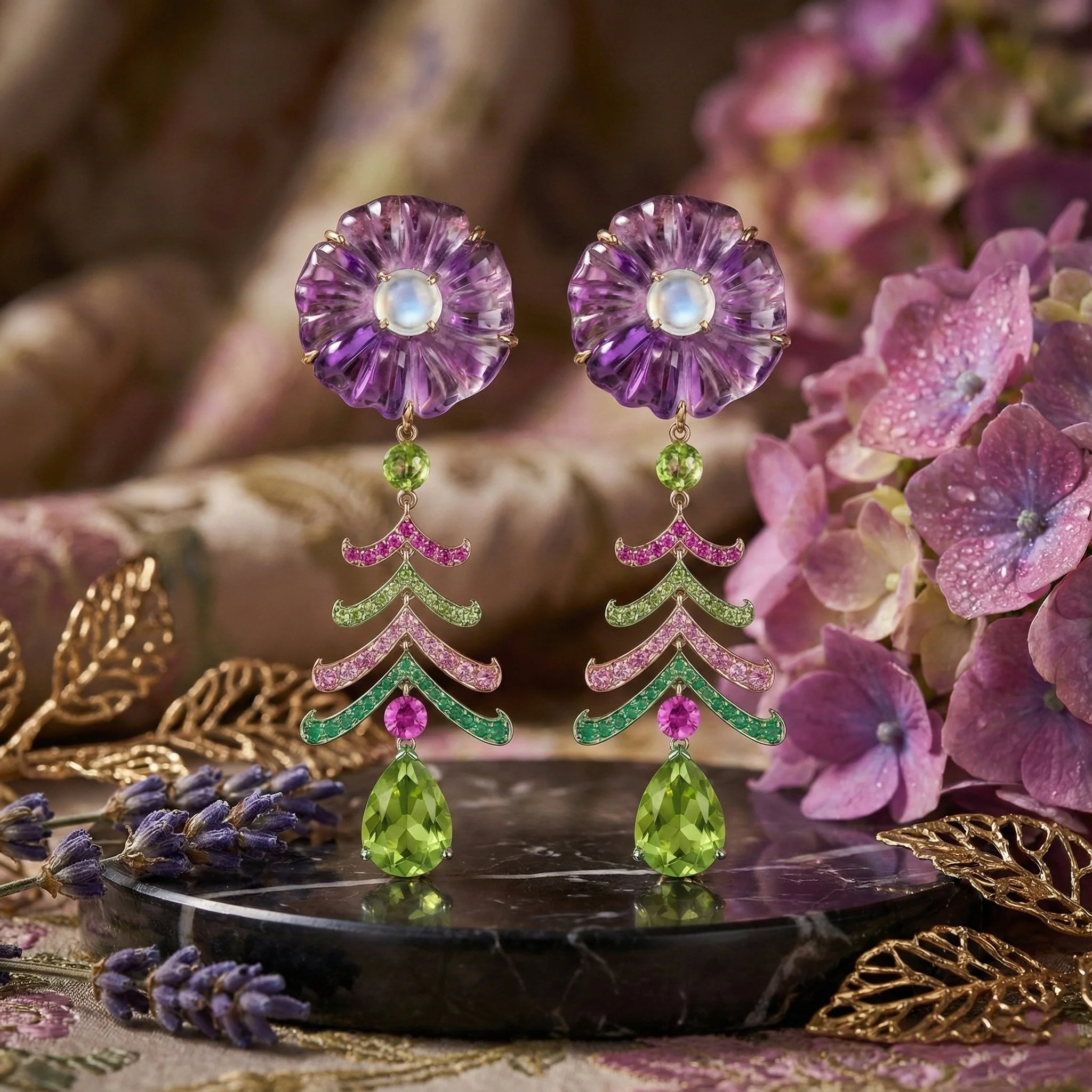 Colorful floral earrings with purple, pink, green, and yellow gemstones on a decorative background with flowers and gold accents.