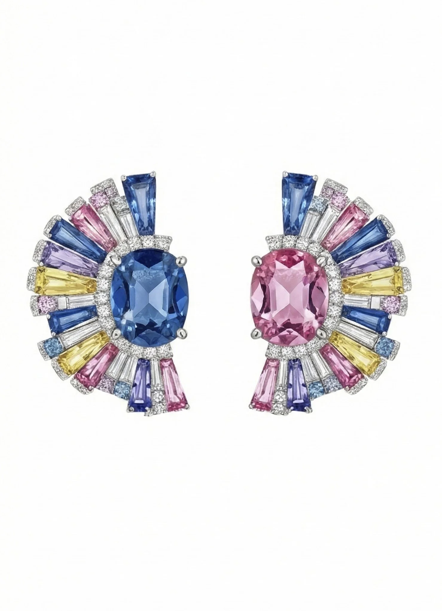 Colorful gemstone earrings featuring blue, pink, purple, yellow, and clear stones arranged in a circular pattern.