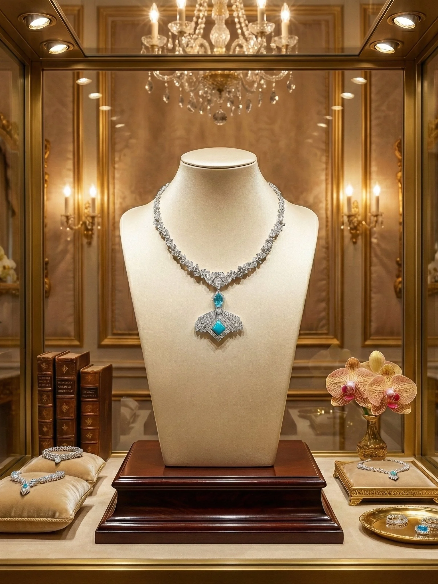 Display of a diamond necklace with turquoise stones, jewelry jewelry including rings and earrings, placed in a luxurious showroom with chandelier and ornate decor.