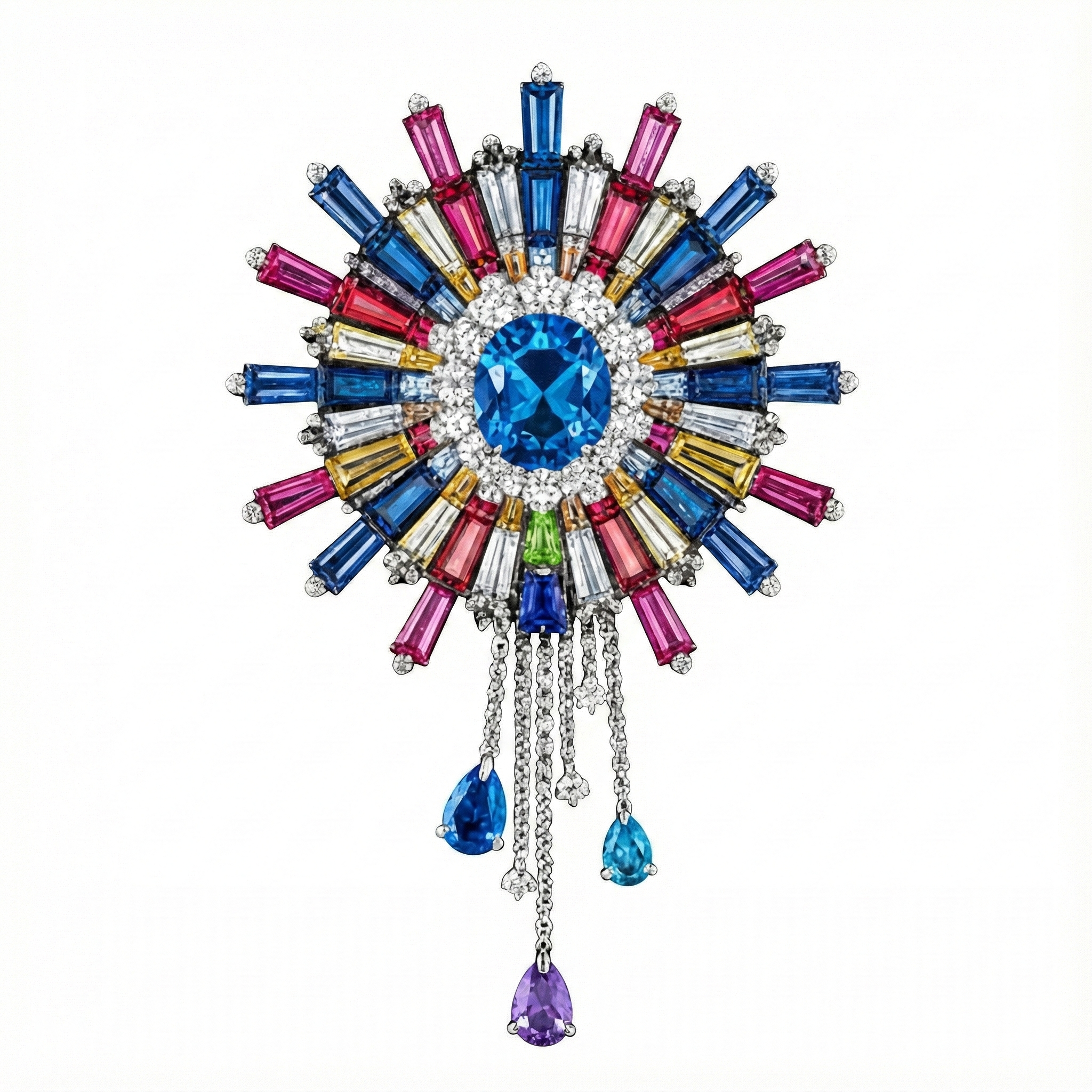 Colorful brooch with a large blue central gemstone, surrounded by multicolored rectangular stones and hanging chains with teardrop gemstones.