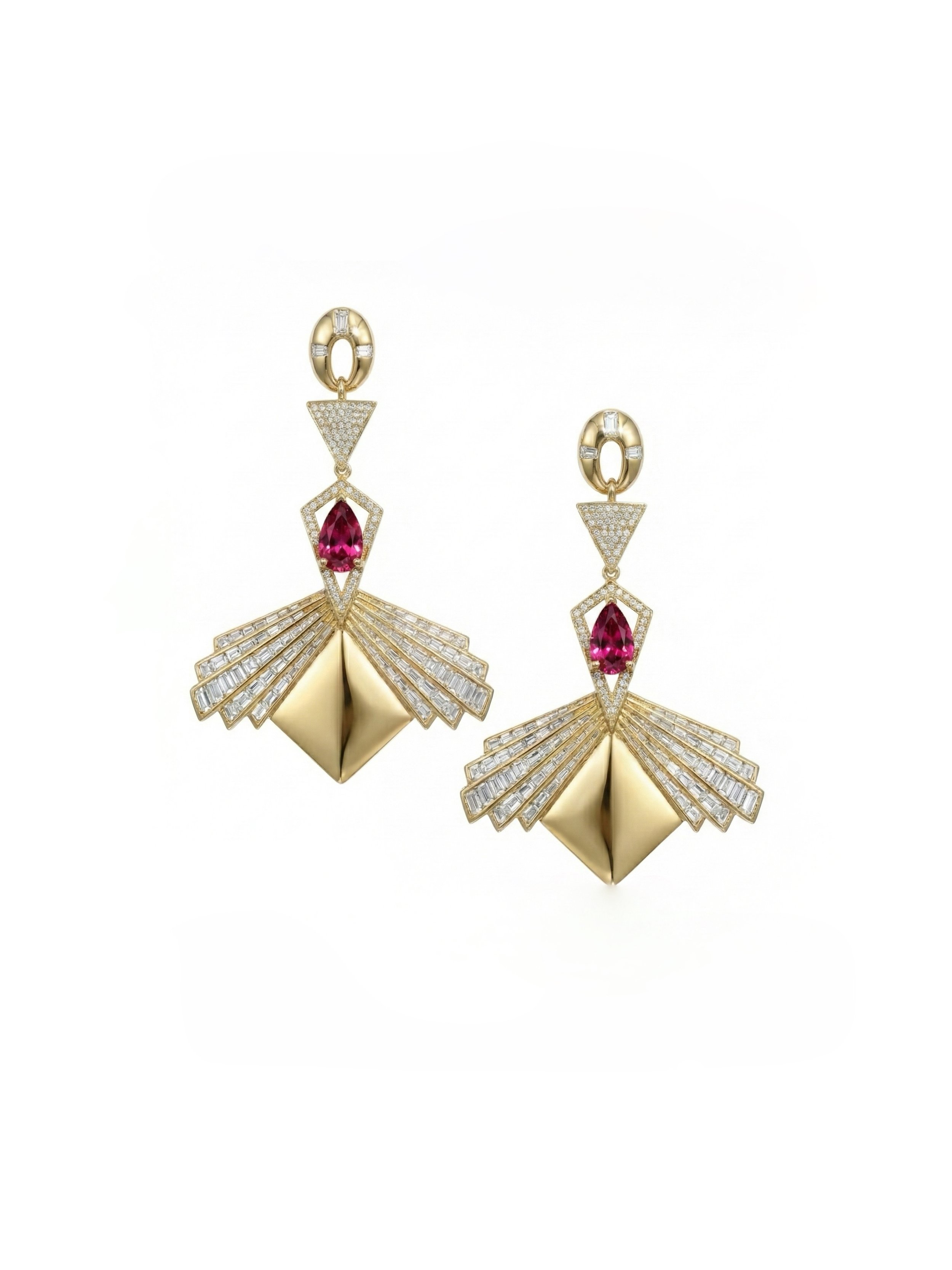 Gold and diamond earrings with pink gemstones and fan-shaped design.