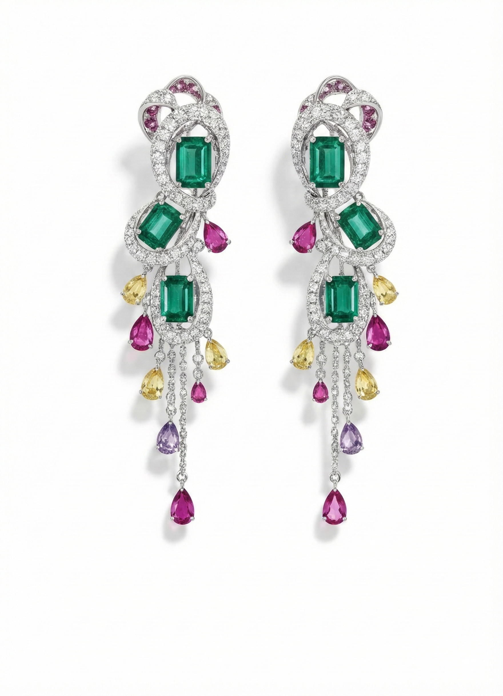 Pair of colorful, ornate gemstone and diamond earrings with emerald, ruby, yellow sapphire, and amethyst stones set in silver or white gold.