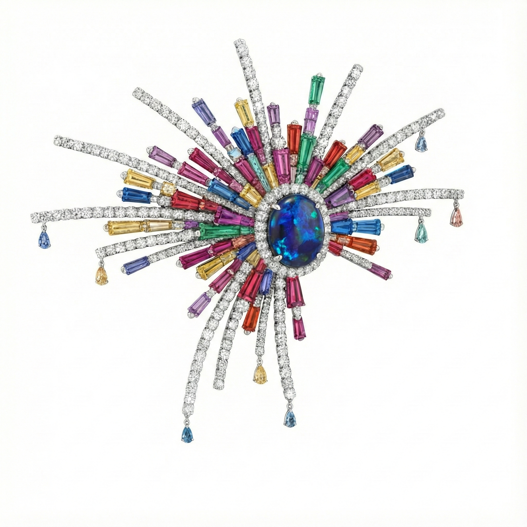 Jewelry brooch with a large central opal surrounded by colorful rectangular gemstones and diamond accents, designed in a sunburst pattern with dangling gemstone drops.