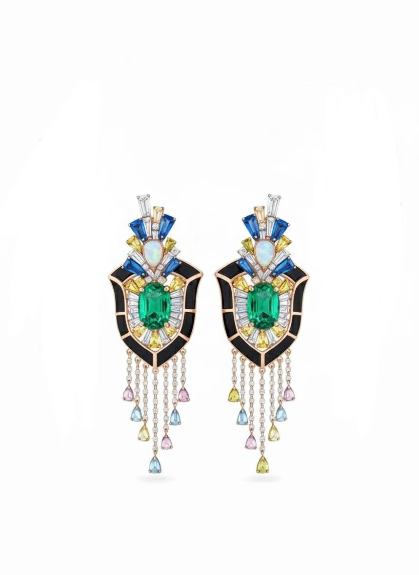 Colorful, decorative earrings featuring a large green gemstone, blue, white, and yellow accents, with dangling chains and pastel-colored teardrop-shaped charms.
