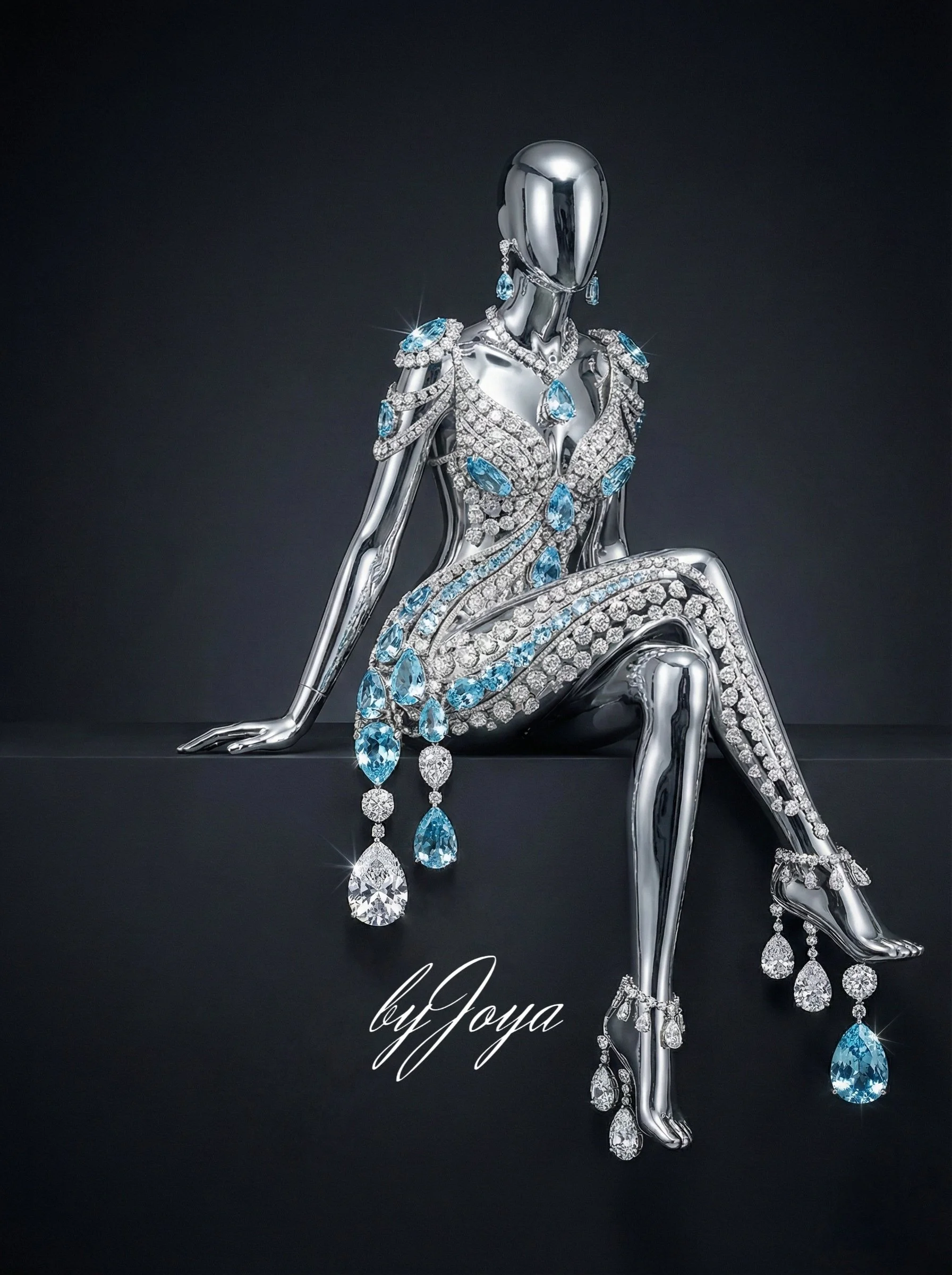 A metallic mannequin adorned with jewelry, including earrings, a necklace, a dress, and high-heeled shoes decorated with blue and clear gemstones, set against a dark background.