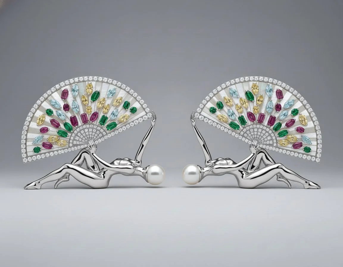 Two symmetrical jewelry figurines of women lying on their sides, holding decorative fans with colorful gemstones, with glossy pearl-heads, silver bodies, and detailed fan designs featuring emerald, ruby, sapphire, and yellow gemstones, set against a 