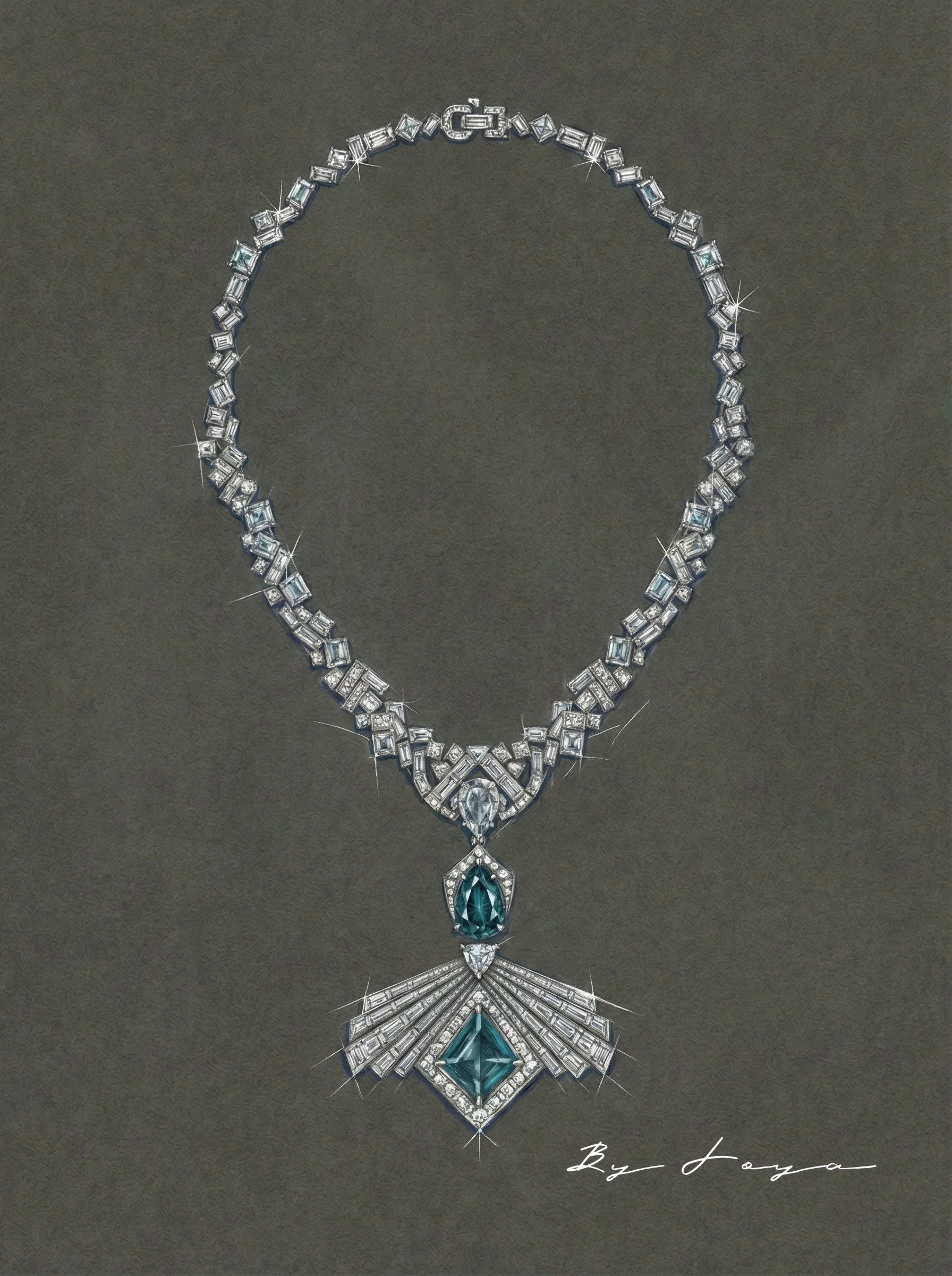 A diamond necklace with a large central blue gemstone, intricate design, on a dark background.