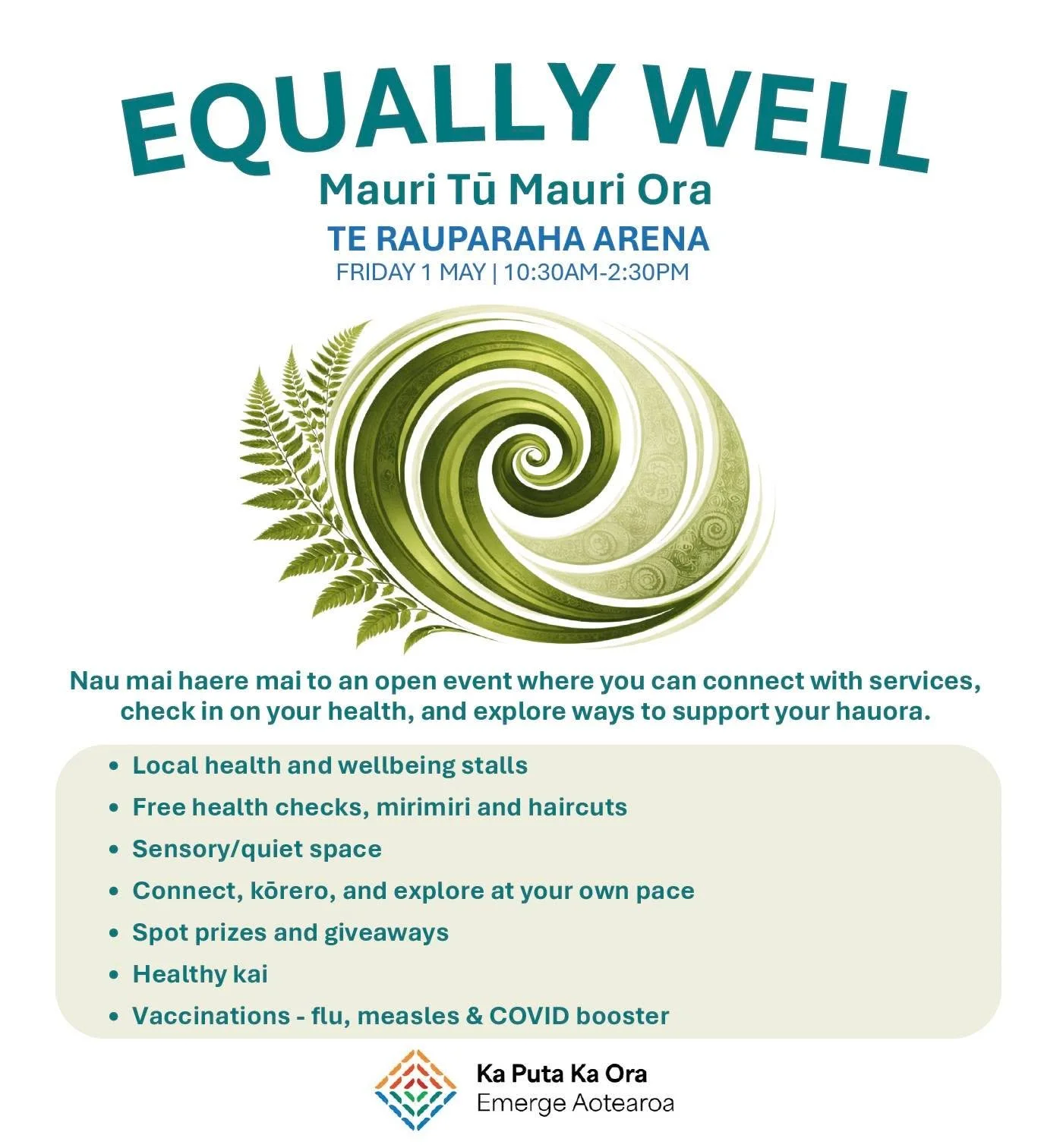 Our healthy housing team will be heading to the Equally Well | Mauri Tū Mauri Ora event in Porirua on Friday May 1st.

Haere mai, all welcome. Come get advice and support for your hauora, including keeping your whare warm and dry.

Equally Well is a 