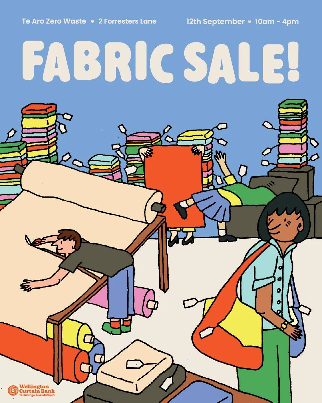Crafters rejoice! We're holding another fabric sale 🪡

Come snap up a bargain on fabric and supplies; all proceeds go to supporting the Wellington Curtain Bank, who provide upcycled curtains to whānau living with low-income.

Save textile waste, fin