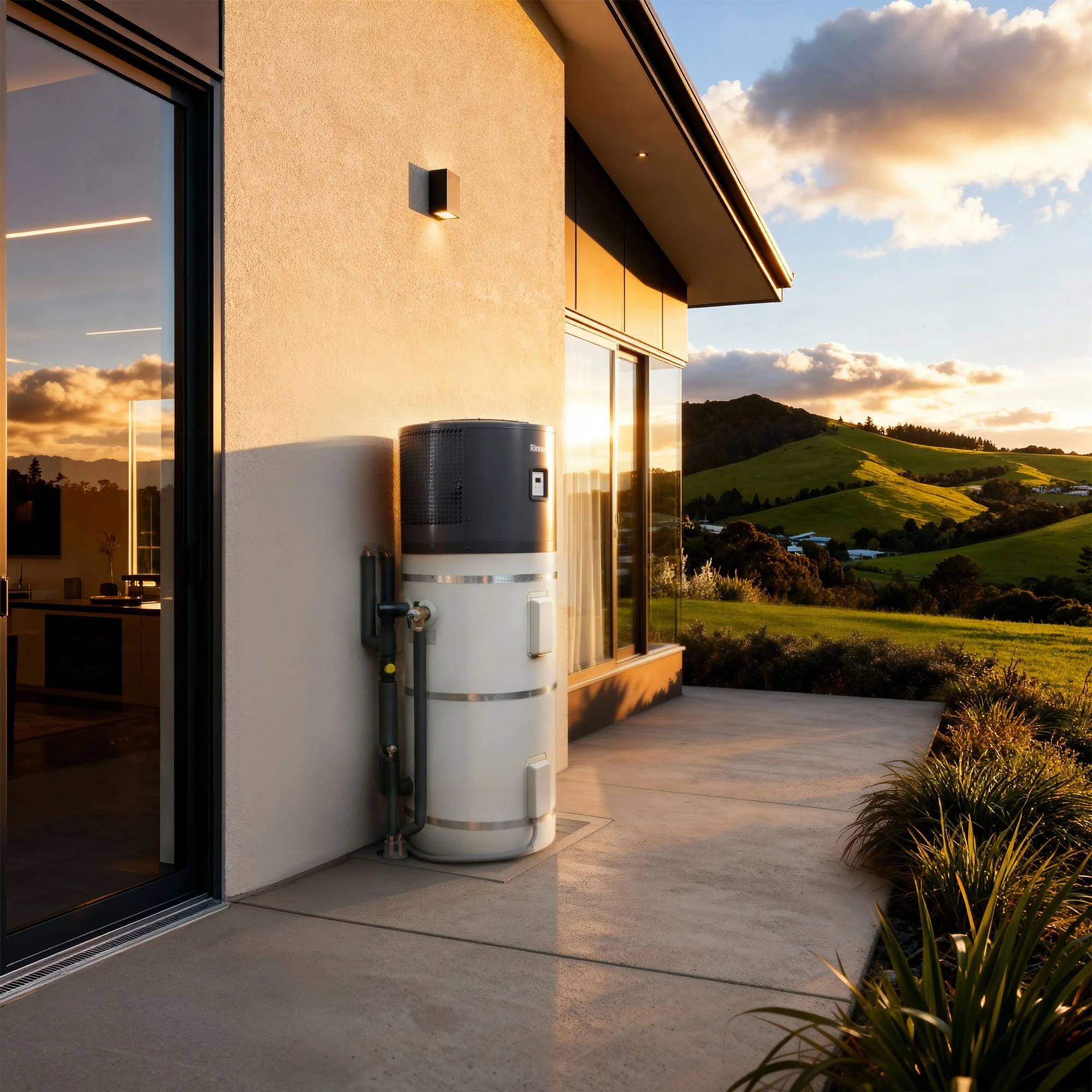 Rinnai HydraHeat Integrated hot water heat pump unit on back patio of house, hilly landscape in background