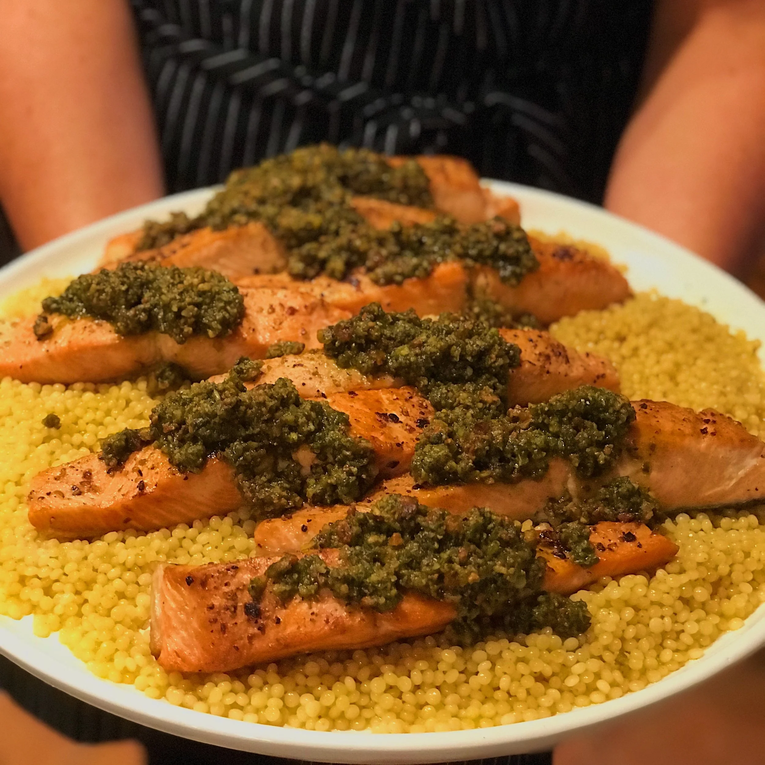 Roast Salmon with Basil Pistachio Pesto and Brown Butter Couscous