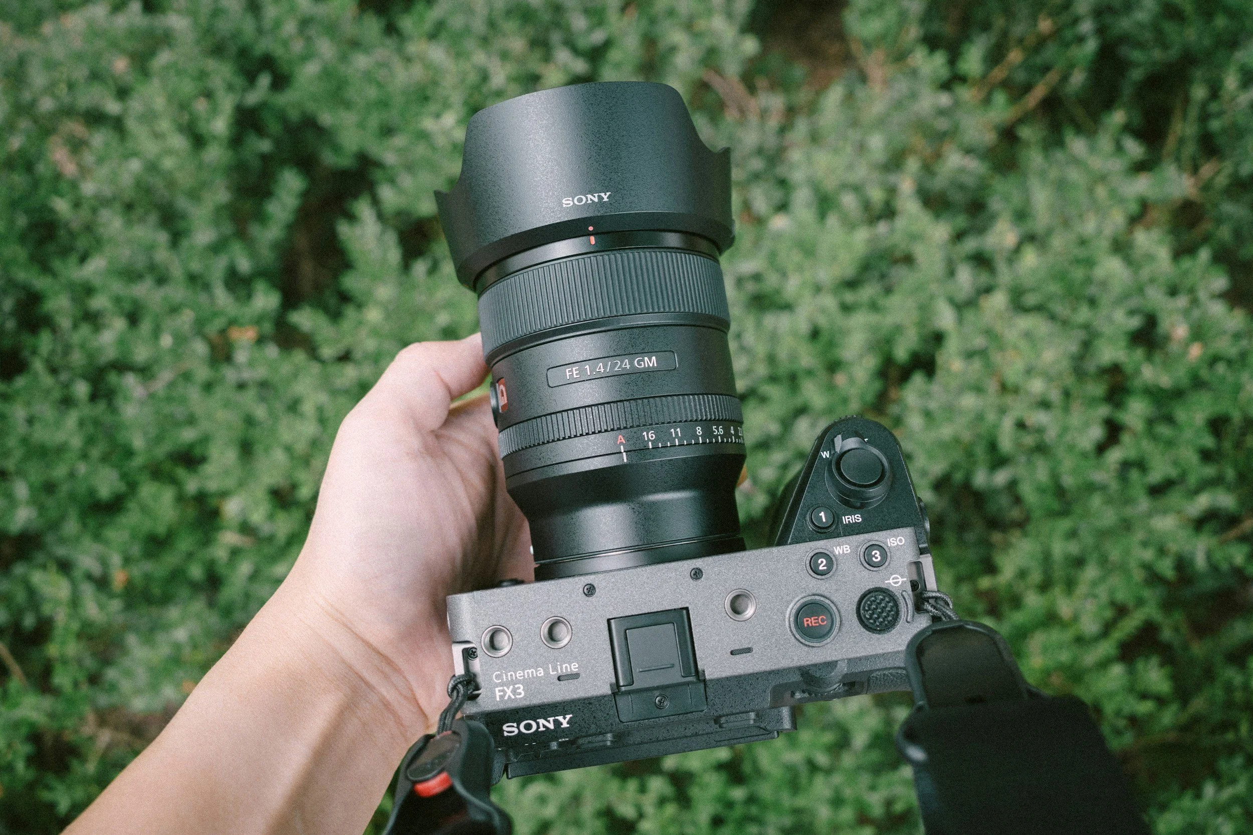 Hand holding a mirrorless camera with a large lens against a green leafy background