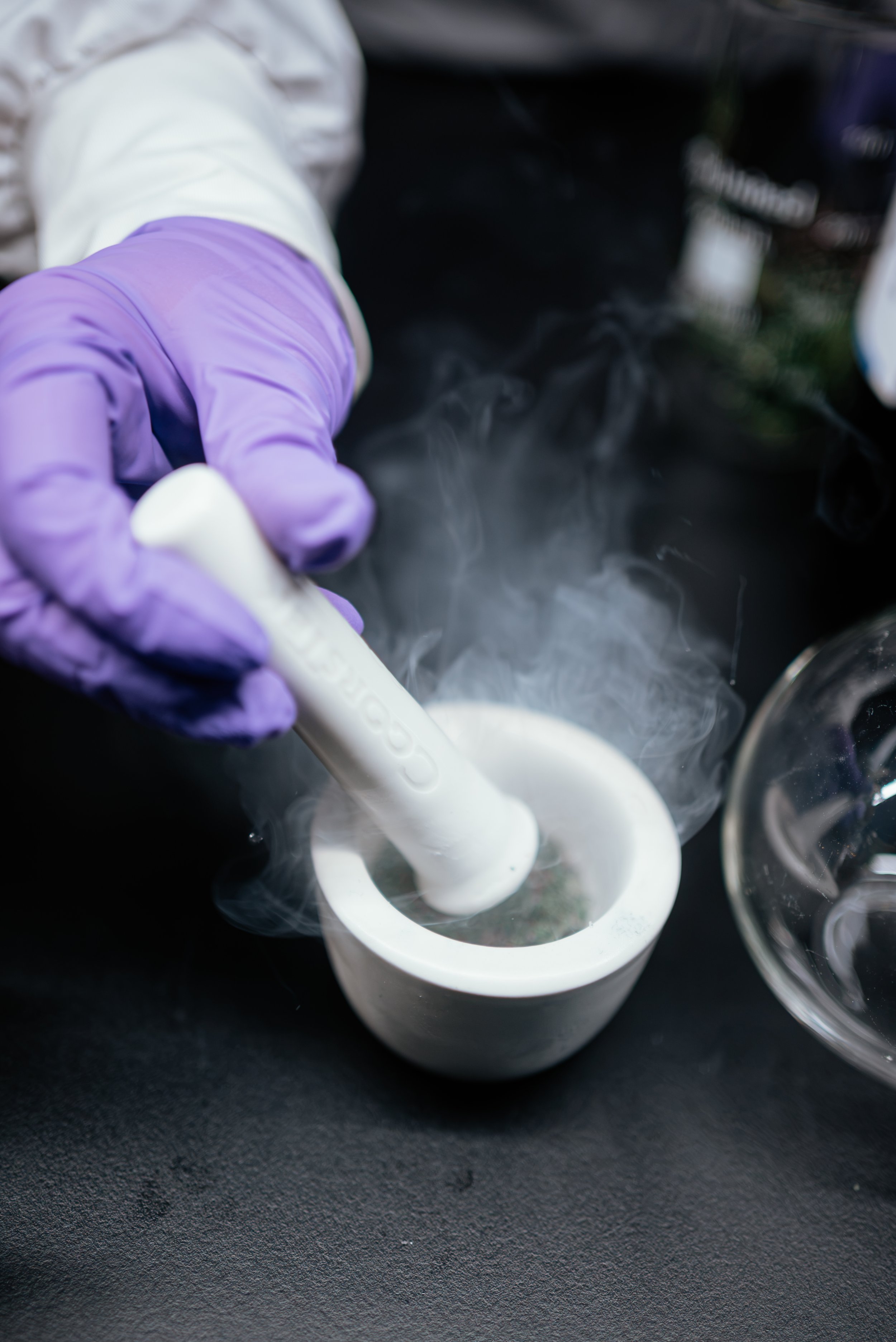 Gloved hands using a mortar and pestle with visible vapor in the Enveda lab