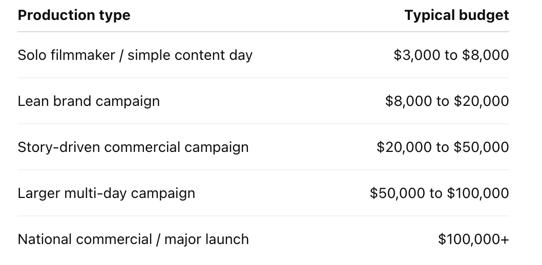 a graph showing production types of filmmakers, commercials, campaigns and budgets