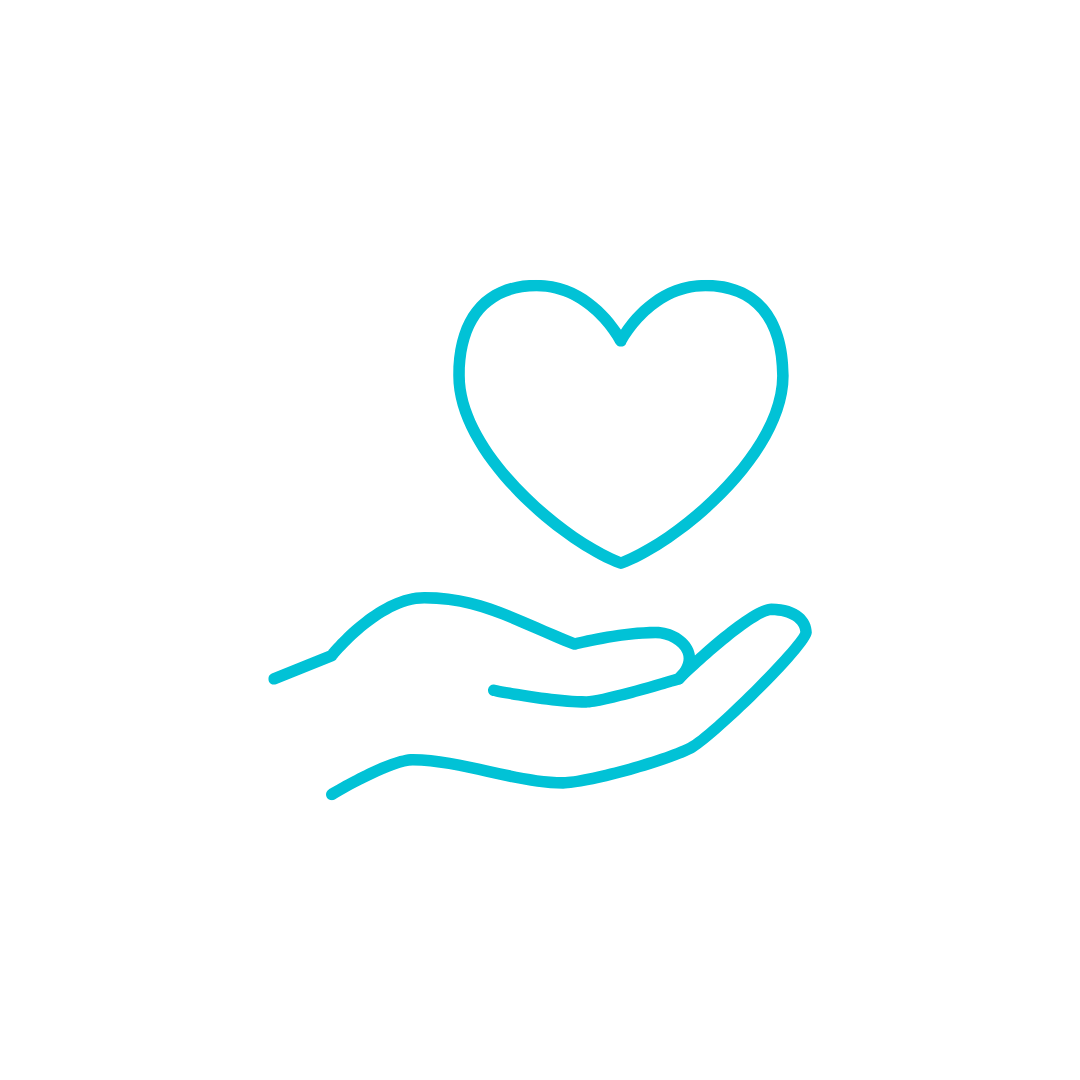 Outline of a hand holding a heart, with surrounding hearts, in blue neon style.