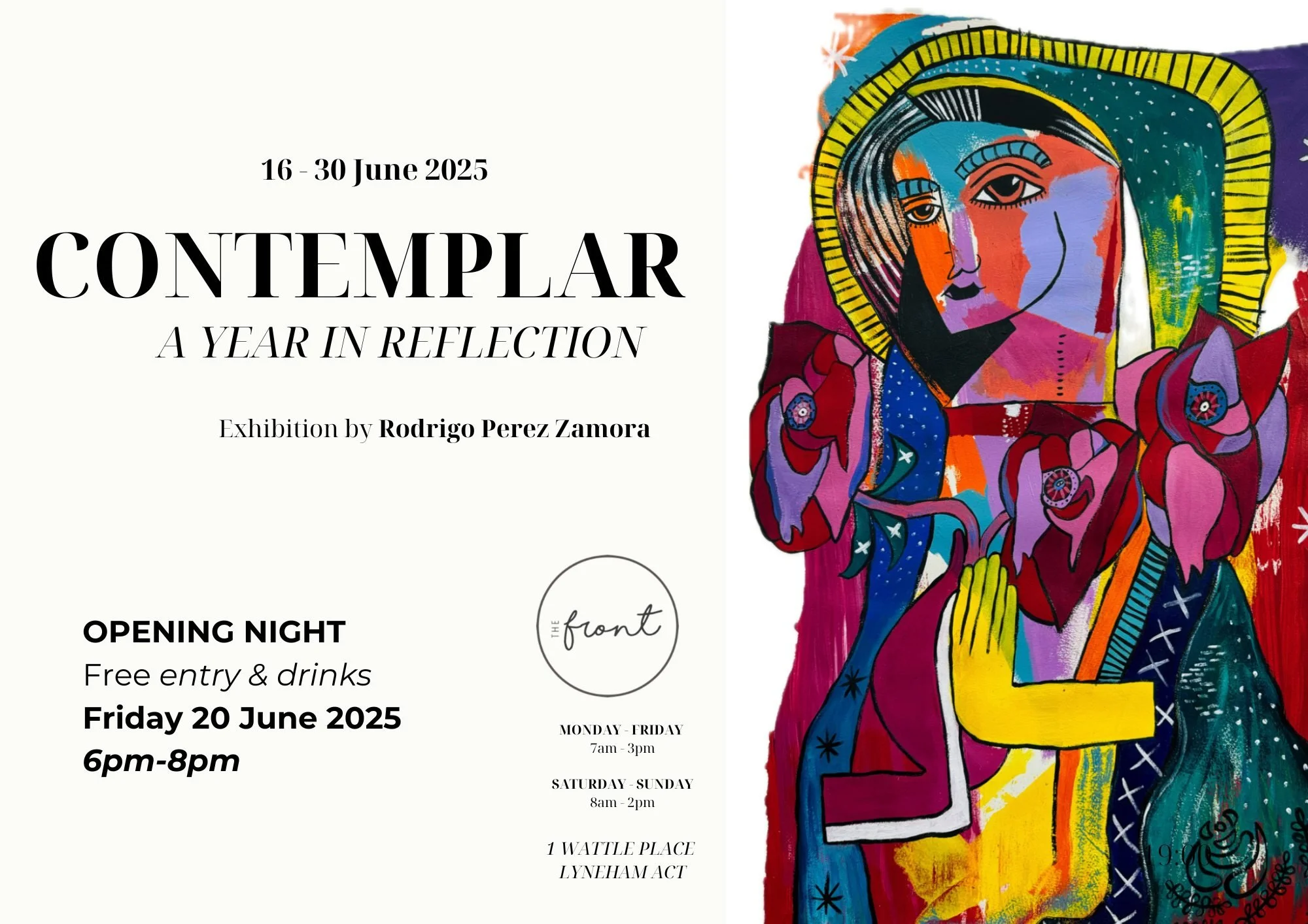 Born in El Salvador and calling Canberra home, Rodrigo @jrpz.art creates abstract pieces with bold pops of colour and sharp lines, using acrylic and gouache on paper. His work blends influences from El Salvador's 'artesanias' with a fun, eclectic mix