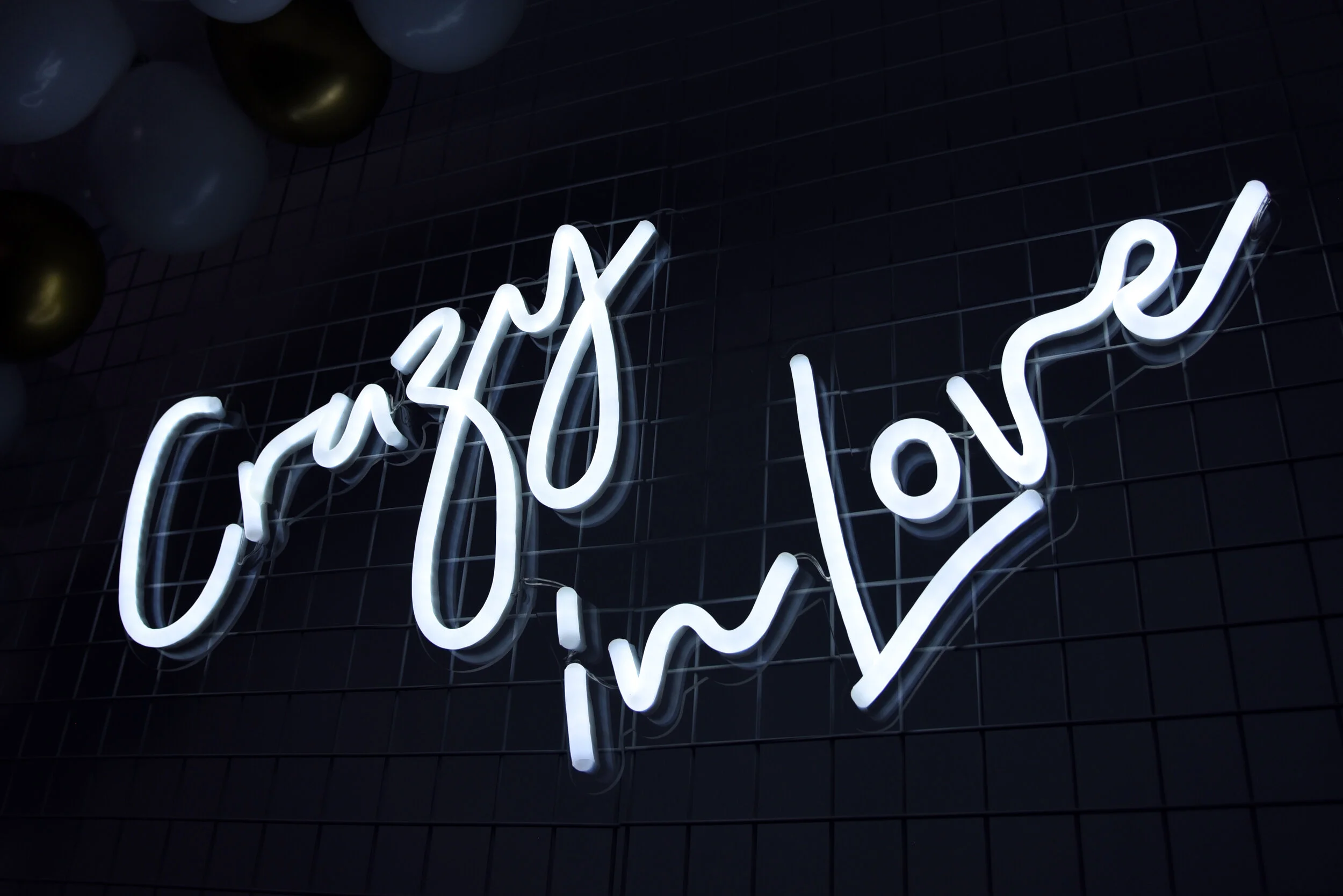 Crazy in Love Neon Sign on White Mesh Backdrop 