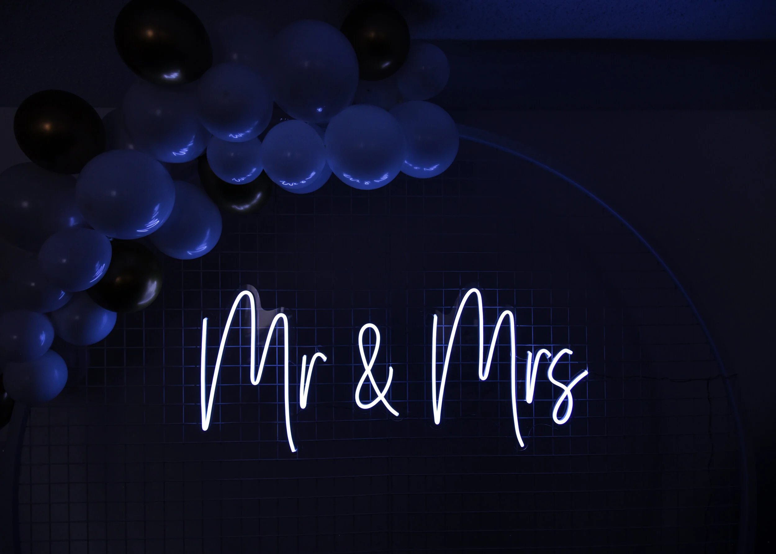 Mr &amp; Mrs Neon Sign on White Mesh Backdrop 