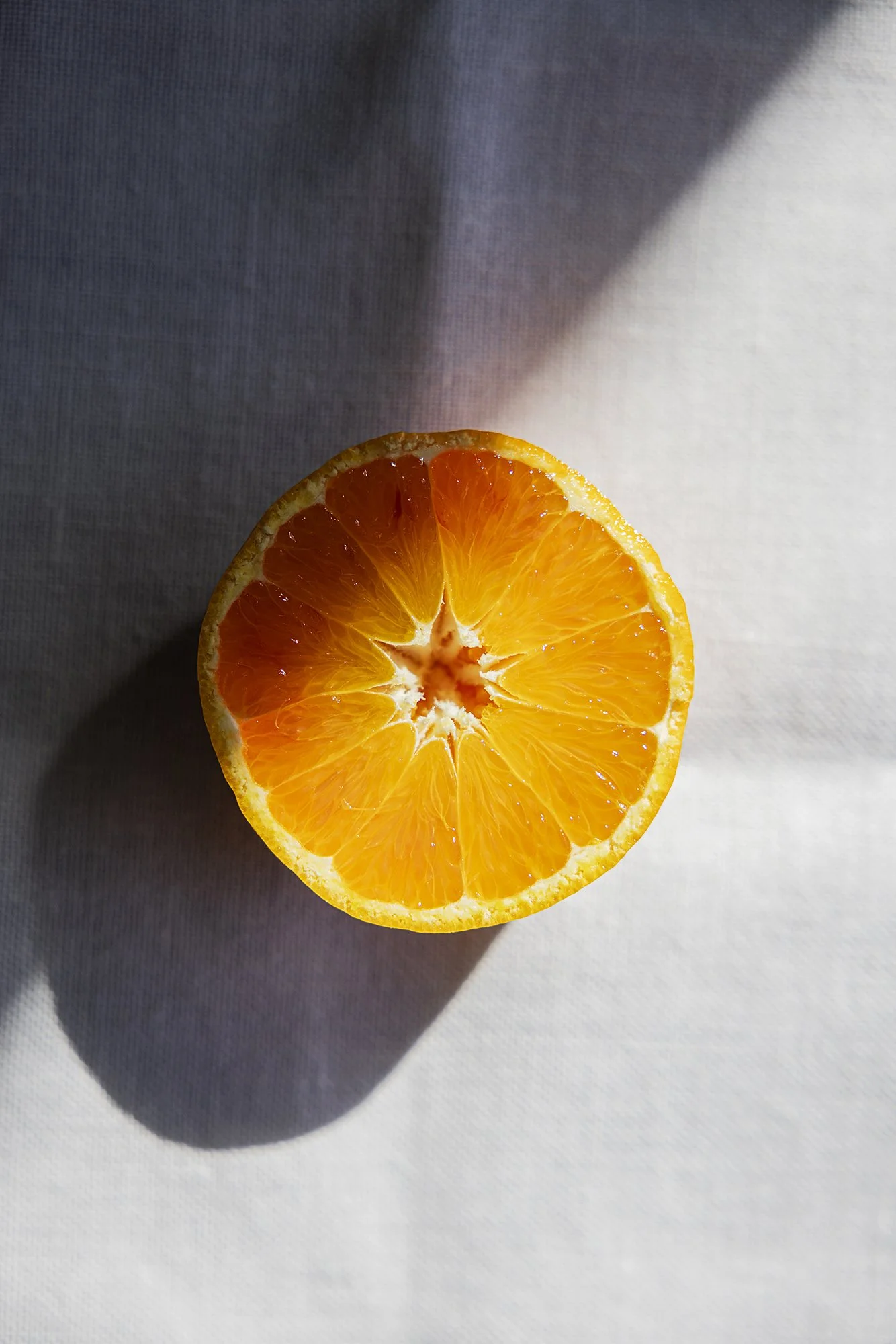 Top-down view of half an orange on a white surface with shadows.