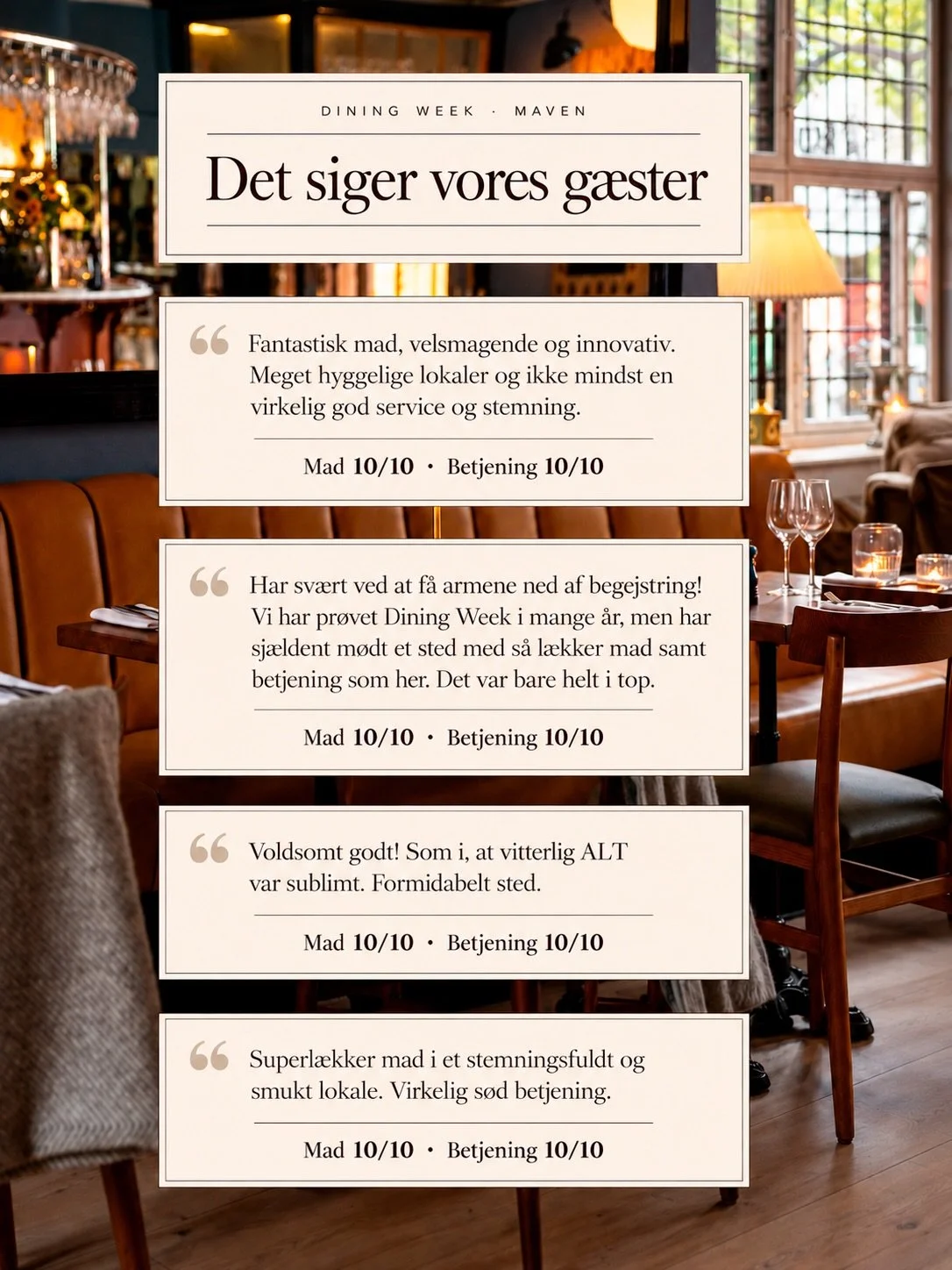 Tak for &aring;rets @diningweek🍽️❤️
Tusind tak til alle jer, der kiggede forbi Maven og var med til at fylde restauranten med liv og god stemning. 

Og tak for de mange fine anmeldelser! Jeres ord om maden, betjeningen og vores smukke rammer betyder