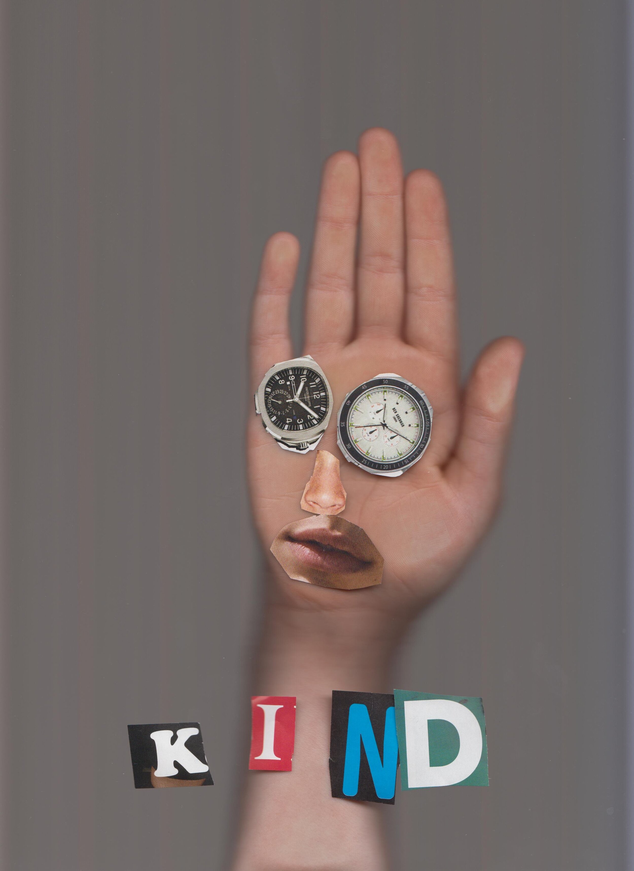 Scan of a hand with magazine cut outs for the face, the word kind written on it