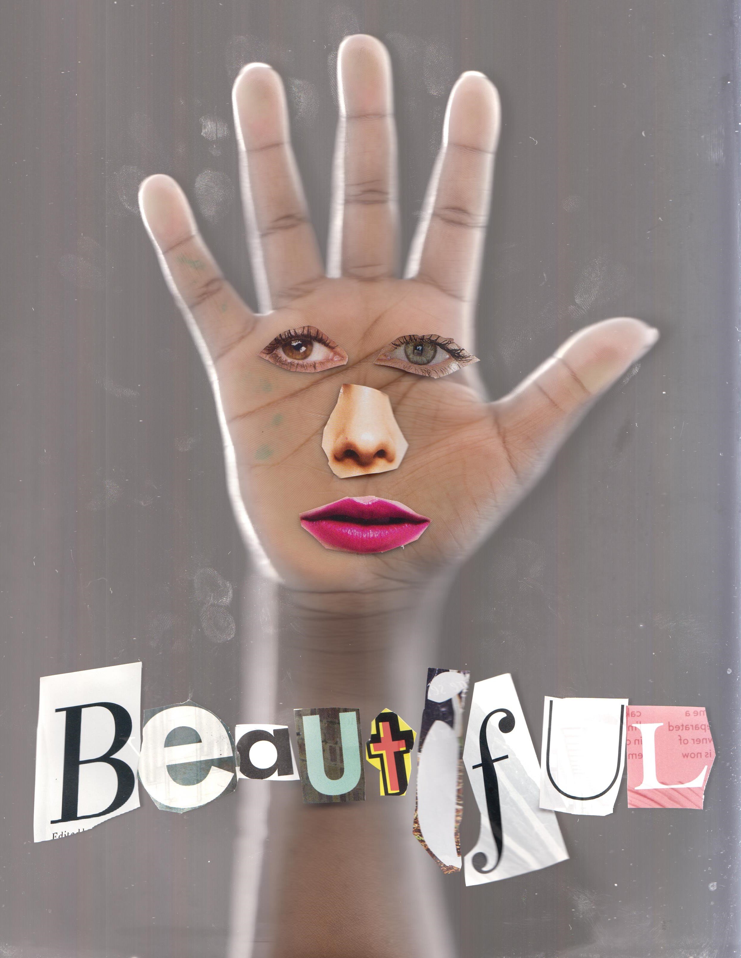 Scan of a hand with a face and  the word Beautiful on it 