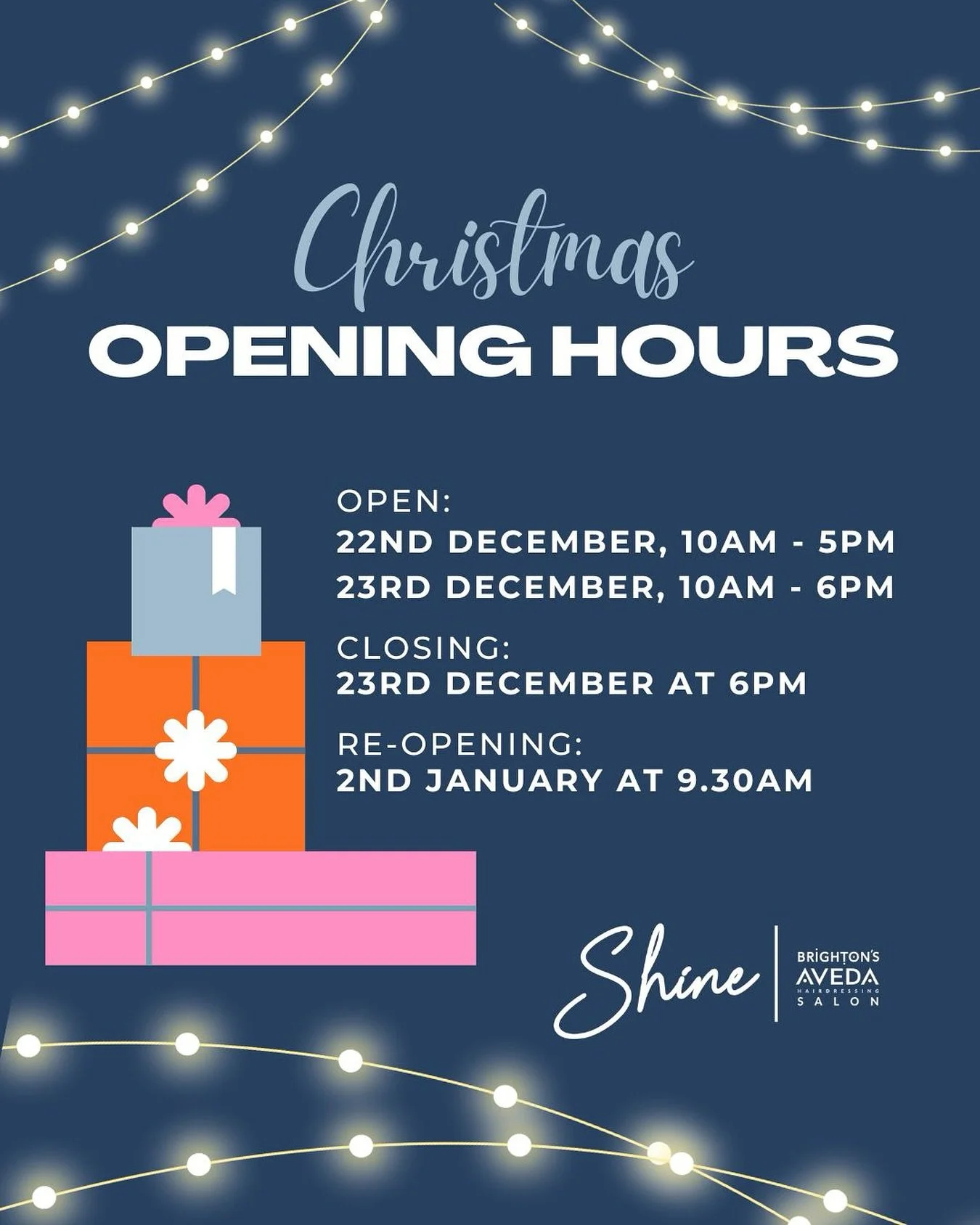 Our Christmas opening hours 🎄

With the whole team in the salon on Monday 22nd and Tuesday 23rd December, there&rsquo;s still time to book your appointment before the big day. But hurry - spaces are filling fast! ✨

We will be closed for Christmas f