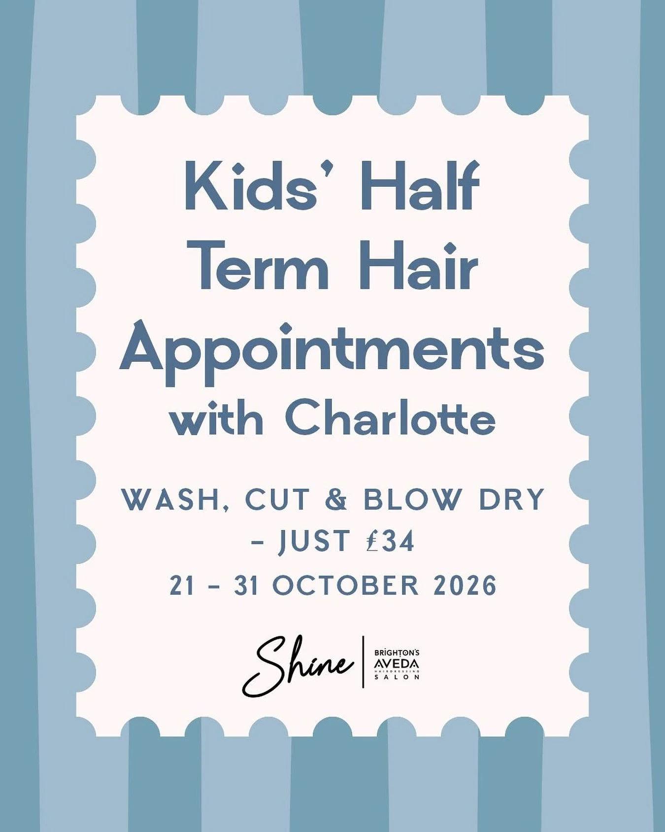 🍁 HALF-TERM KIDS&rsquo; HAIRCUTS! 🍁

With half-term just around the corner, Charlotte is offering children&rsquo;s hair appointments from 21 -31 October.

✨ Kids&rsquo; Wash, Cut &amp; Blow Dry - just &pound;34
(normally &pound;50)!

Appointments a