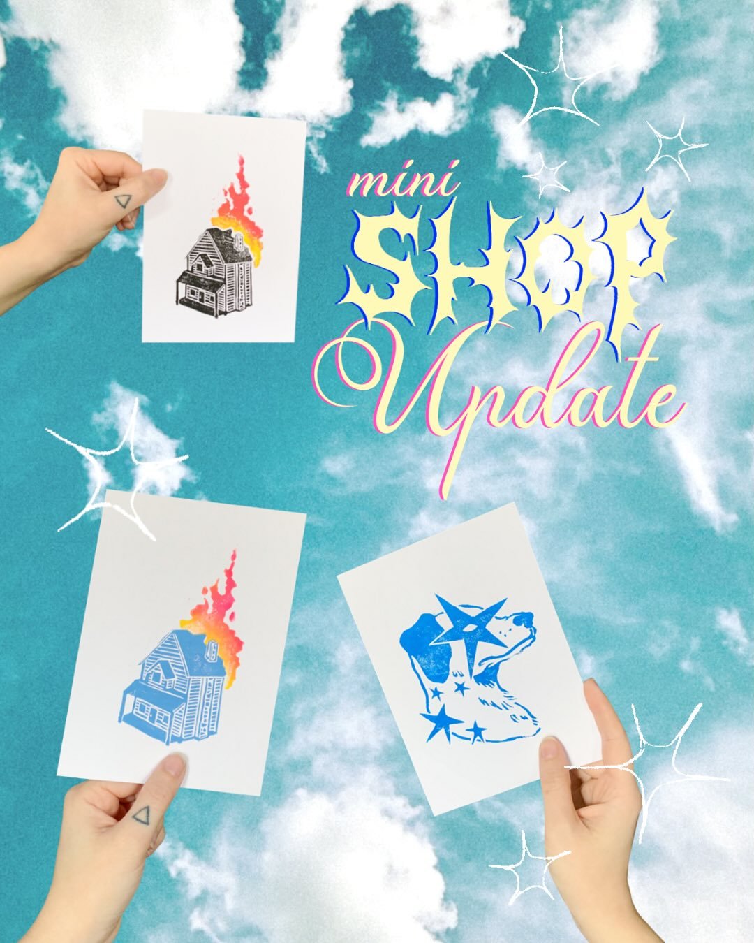 Mini Shop Update! 💫💖🌷🔥🩵

I wanted to do a large drop of Risograph and Lino prints, but a few complications came up. Sometimes things don&rsquo;t always go to plan&hellip; but we keep going anyway. 🫶🏻 

&ldquo;Star Pup&rdquo; and &ldquo;Home&rd
