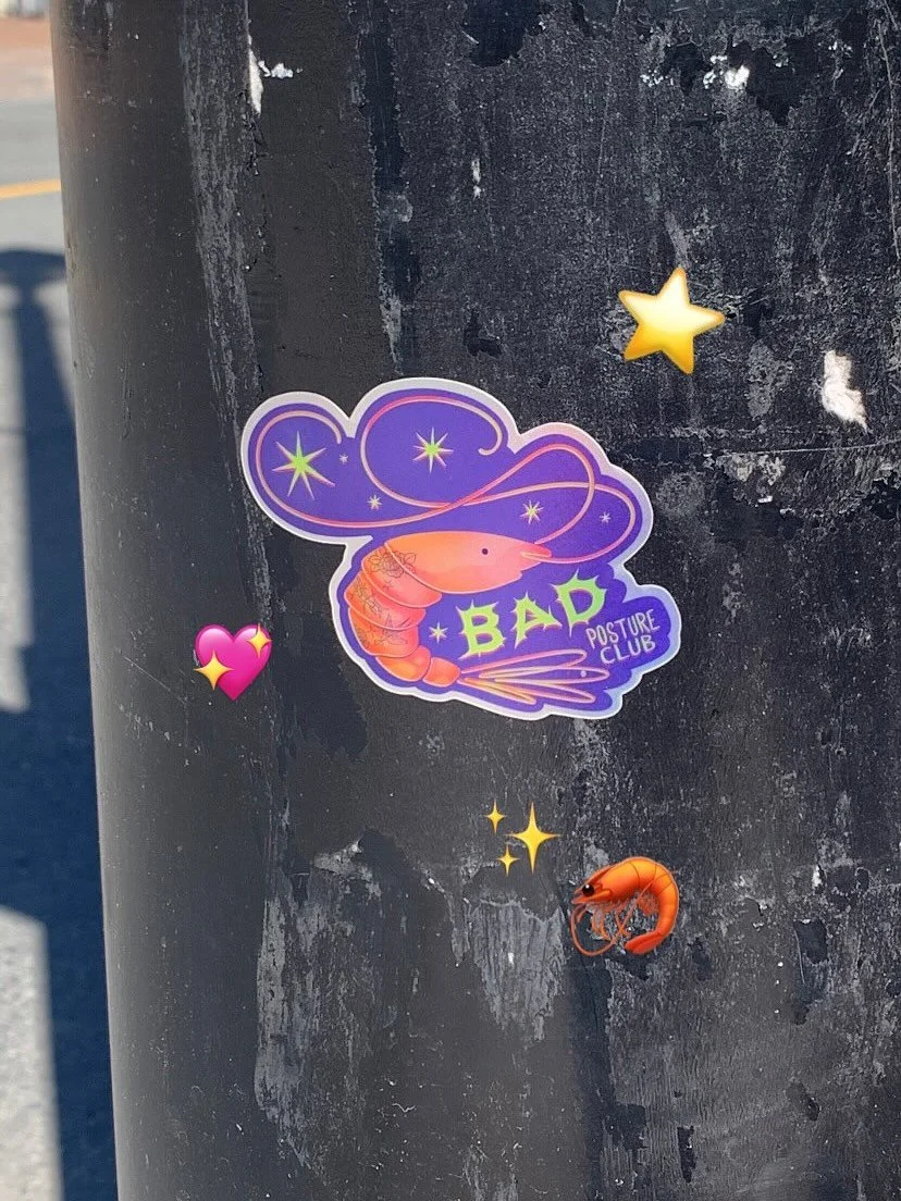 🦐 unfortunately part of the club 🦐

New BAD POSTURE CLUB stickers have arrived and I am so happy with how these cuties turned out! Really into the Matte Holo finish lately 💖