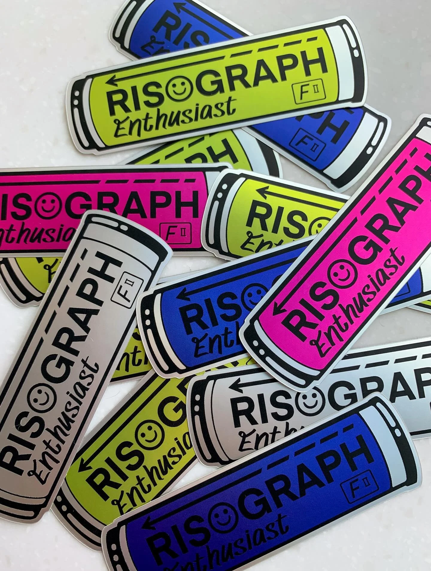 New 𝗥𝗶𝘀𝗼𝗴𝗿𝗮𝗽𝗵 𝗘𝗻𝘁𝗵𝘂𝘀𝗶𝗮𝘀𝘁 stickers have arrived! Inspired by the printers colour tubes. 🖨️🌈

Slowly trying to find all the local Risograph lovers in Halifax 💖 if you make Riso prints, comment below! I would love to check out your
